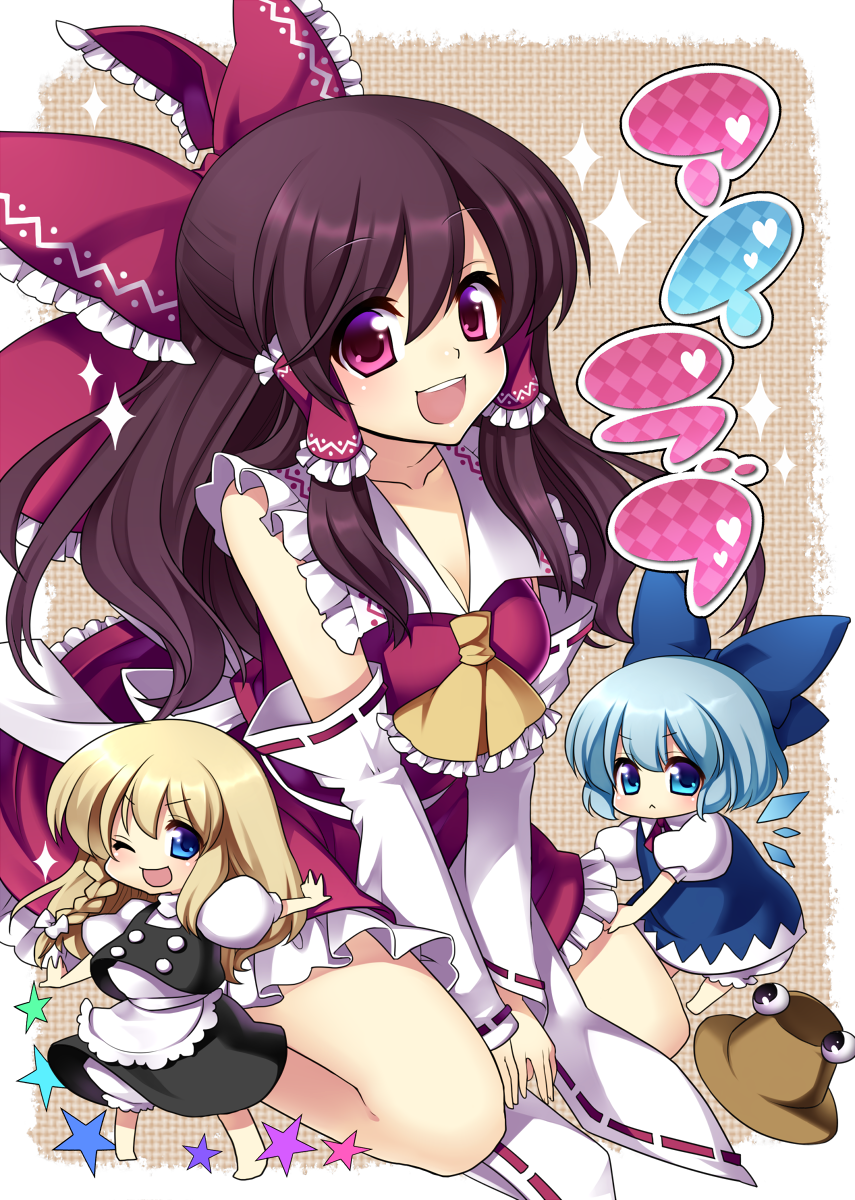 masaru.jp, cirno, hakurei reimu, kirisame marisa, pyonta, touhou, bad id, bad pixiv id, highres, 3girls, :<, barefoot, blonde hair, blue eyes, blue hair, bow, braid, breasts, brown hair, chibi, cleavage, detached sleeves, hair bow, hat, japanese clothes, large bow, long hair, medium breasts, miko, multicolored eyes, multiple girls, one eye closed, open mouth, purple eyes, red eyes, short hair, sitting, smile, sparkle, star (symbol), v arms, wariza, wings, wink