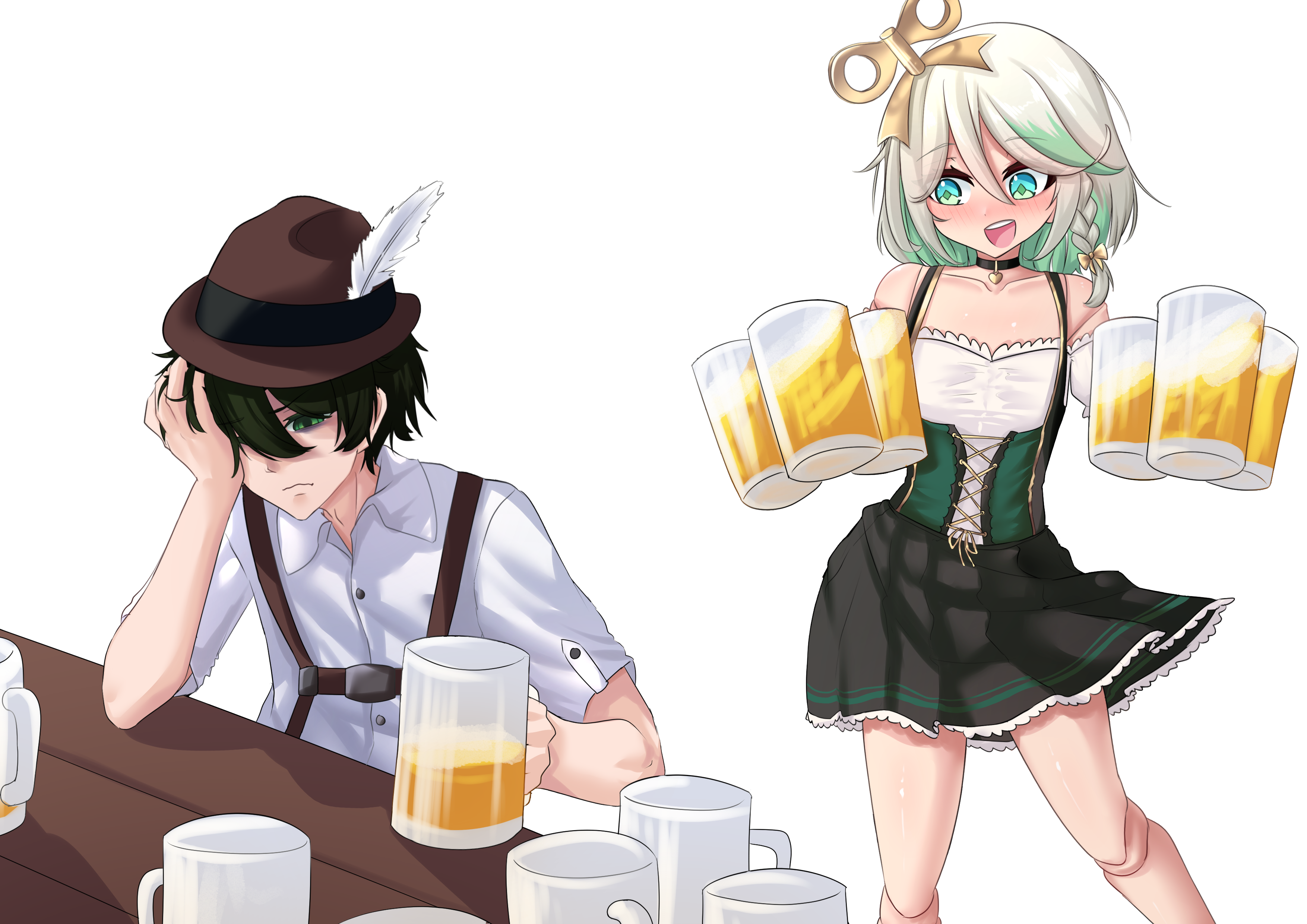 monotoxy, cecilia immergreen, vedal987, hololive, hololive english, absurdres, commentary, english commentary, highres, 1boy, 1girl, alcohol, alternate costume, aqua eyes, bare shoulders, beer, beer mug, black choker, black skirt, blush, bow, brown hat, choker, closed mouth, collarbone, collared shirt, corset, cup, diamond-shaped pupils, diamond (shape), doll joints, eyelashes, german clothes, gold bow, green corset, green eyes, green hair, green pupils, hair between eyes, hair bow, hair over one eye, hand on own head, hat, hat feather, head rest, holding, holding cup, joints, medium hair, mug, multicolored hair, oktoberfest, open mouth, shirt, short hair, short sleeves, simple background, skirt, smile, standing, suspenders, symbol-shaped pupils, table, teeth, two-tone hair, upper teeth only, vedal ai, virtual youtuber, white background, white hair, white shirt, winding key, wooden table