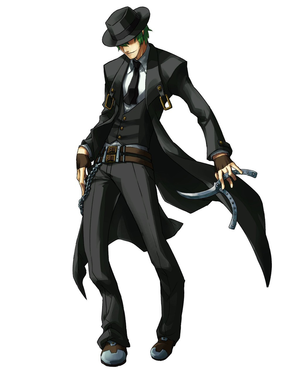katou yuuki, hazama, arc system works, blazblue, highres, official art, 1boy, balisong, belt, chain, coat, faceless, faceless male, fingerless gloves, formal clothes, full body, gloves, green hair, hat, knife, male focus, necktie, pants, shoes, short hair, simple background, smile, solo, square-end necktie, standing, suit, trench coat, weapon, white background