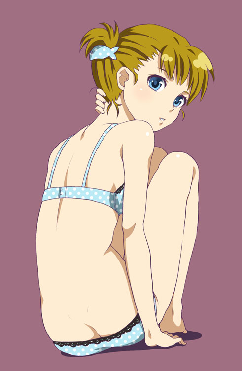 mattaku mousuke, original, 1girl, back, barefoot, blue eyes, blush, bra, brown hair, butt crack, dimples of venus, female focus, from behind, full body, lace, lace-trimmed bra, lace-trimmed panties, lace trim, lingerie, looking back, panties, polka dot, polka dot bra, polka dot panties, simple background, sitting, solo, underwear, underwear only