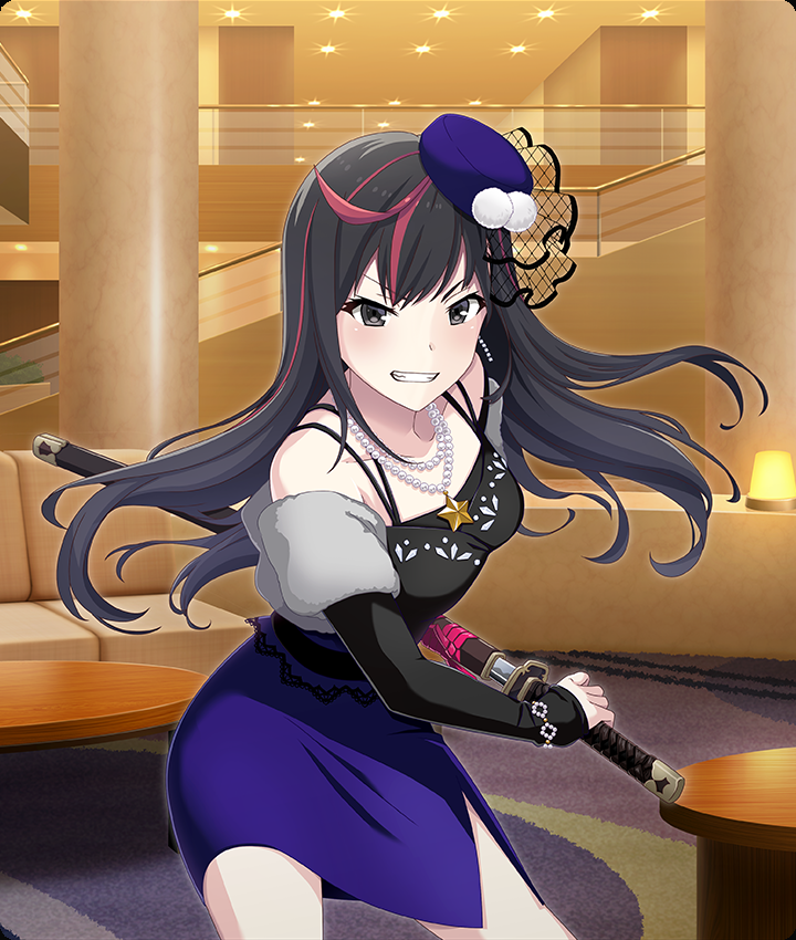 inago akira, toji no miko, toji no miko: kizamishi issen no tomoshibi, game cg, official art, third-party source, 1girl, beret, black dress, black eyes, black hair, black sleeves, breasts, ceiling light, collarbone, couch, dot nose, drawing sword, dress, fighting stance, formal clothes, grin, hat, holding, holding sword, holding weapon, indoors, jewelry, leaning forward, long hair, looking at viewer, medium breasts, mini hat, multicolored hair, necklace, pearl necklace, pillar, purple hat, purple skirt, railing, red streaks, round table, sheath, side slit, skirt, smile, solo, spaghetti strap, star ornament, streaked hair, sword, table, tilted headwear, unsheathing, weapon