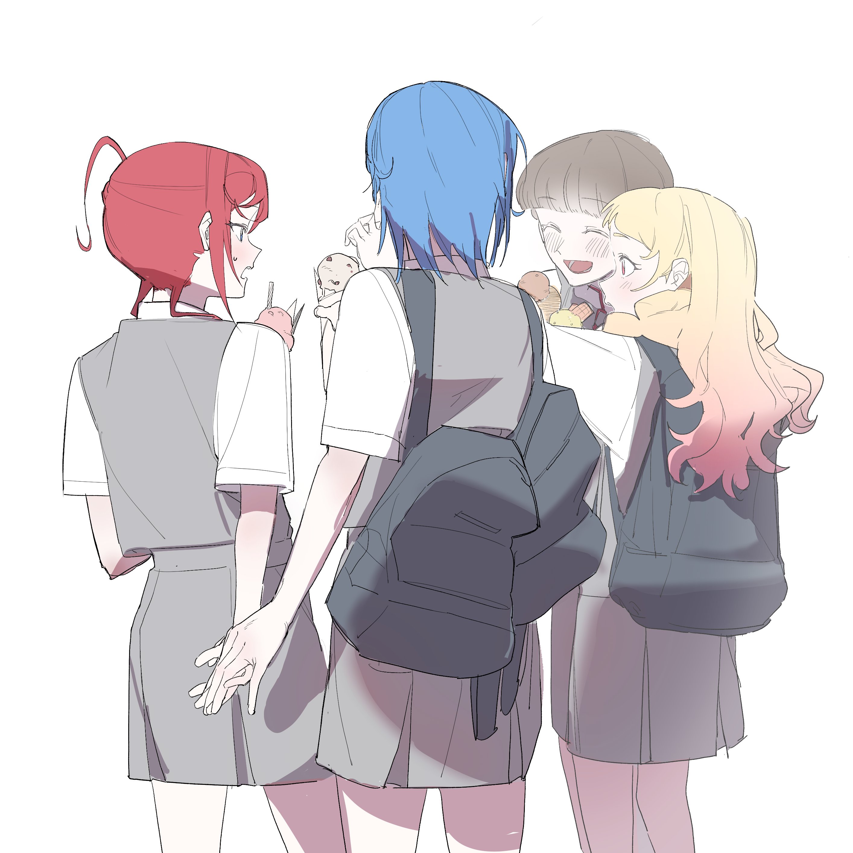 eunonda, onitsuka natsumi, sakurakoji kinako, wakana shiki, yoneme mei, love live!, love live! superstar!!, absurdres, commentary request, highres, korean commentary, 4girls, :d, ^ ^, backpack, bag, black bag, blonde hair, blue hair, blush, brown hair, closed eyes, collared shirt, dress, facing away, food, gradient hair, grey dress, holding, holding food, holding ice cream, holding ice cream cone, ice cream, ice cream cone, liella! second generation, multicolored hair, multiple girls, open mouth, pinafore dress, pink hair, pleated dress, red hair, school uniform, shirt, short dress, short hair, short sleeves, simple background, sleeveless, sleeveless dress, smile, standing, summer uniform, white background, white shirt, yuigaoka school uniform