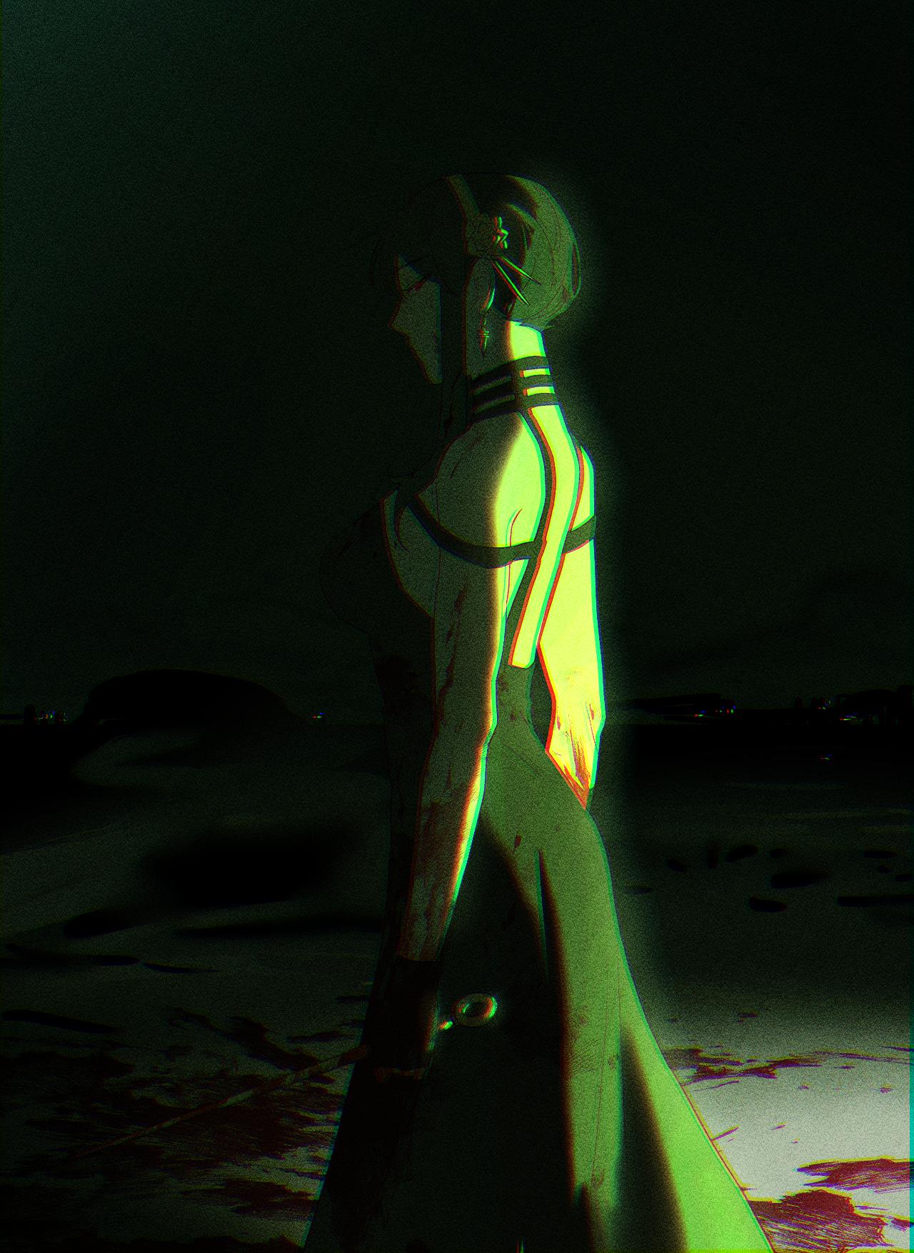 siro666b, yor briar, spy x family, commentary request, highres, korean commentary, 1girl, backless dress, backless outfit, black dress, black gloves, black hair, blood, blood on arm, blood on clothes, blood splatter, breasts, chromatic aberration, dagger, dark, dress, earrings, feet out of frame, film grain, from side, gloves, hairband, holding, holding dagger, holding knife, holding weapon, jewelry, knife, large breasts, red eyes, sidelocks, sideways glance, solo, stiletto (weapon), weapon