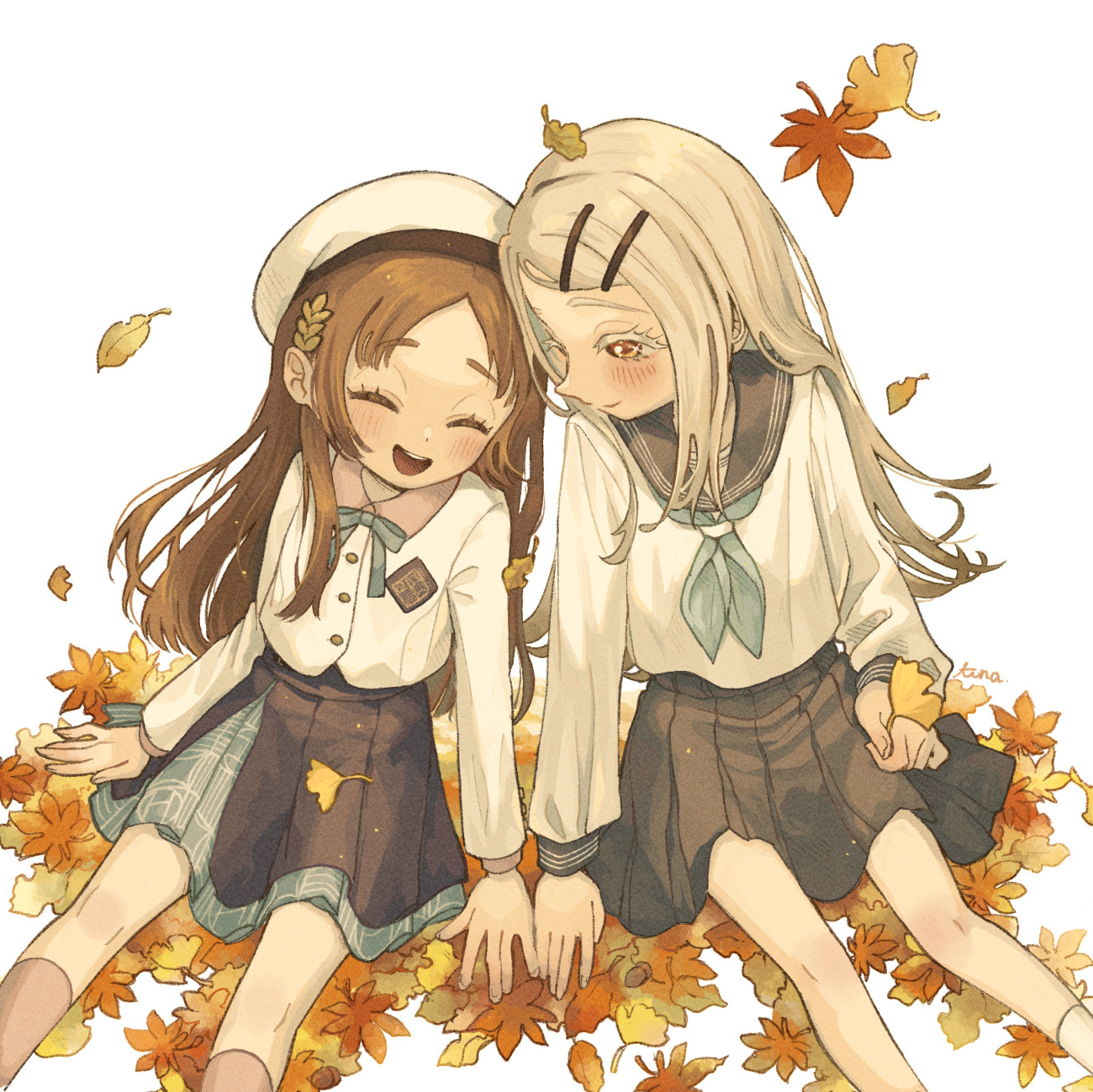 chiri sousu, kuramoto china, shinosawa hiro, gakuen idolmaster, idolmaster, commentary request, highres, 1girl, ^ ^, autumn leaves, beret, black overskirt, black skirt, blonde hair, blue neckerchief, blue ribbon, blue skirt, blush, brown hair, closed eyes, colored eyelashes, falling leaves, feet out of frame, ginkgo leaf, hat, hatsuboshi gakuen school uniform, holding, holding leash, jacket, leaf, leash, maple leaf, neck ribbon, neckerchief, orange eyes, parted bangs, pleated skirt, ribbon, school uniform, serafuku, shirt, signature, sitting, skirt, smile, solo, teeth, upper teeth only, white hat, white jacket, white shirt