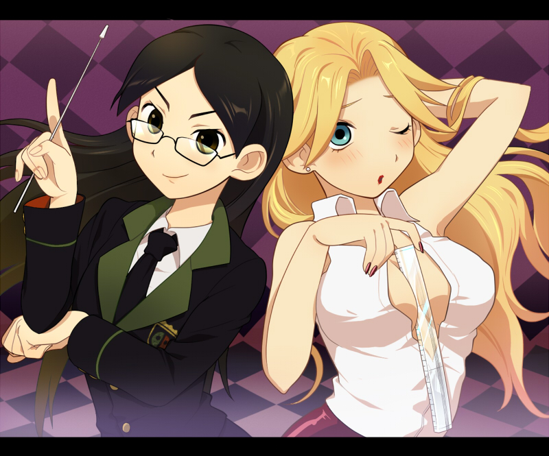 numa (pixiv172411), kimura kaere, kitsu chiri, sayonara zetsubou sensei, bad id, bad pixiv id, 00s, between breasts, black hair, blonde hair, breasts, cleavage, glasses, long hair, nail polish, necktie, one eye closed, parted bangs, ruler, wink