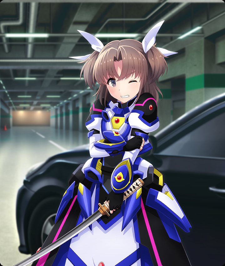 inami suu, takamachi nanoha, takamachi nanoha (formula ii), lyrical nanoha, mahou shoujo lyrical nanoha detonation, toji no miko, toji no miko: kizamishi issen no tomoshibi, game cg, official art, third-party source, 1girl, armor, armored dress, black car, black gloves, blue armor, brown eyes, brown hair, car, clenched teeth, cosplay, cowboy shot, dot nose, dress, fingerless gloves, gem, gloves, hair ribbon, hand on own arm, holding, holding sword, holding weapon, indoors, katana, long sleeves, looking at viewer, motor vehicle, one eye closed, parking garage, parted bangs, red gemstone, ribbon, short hair, short twintails, solo, sword, takamachi nanoha (cosplay), teeth, twintails, weapon, white ribbon