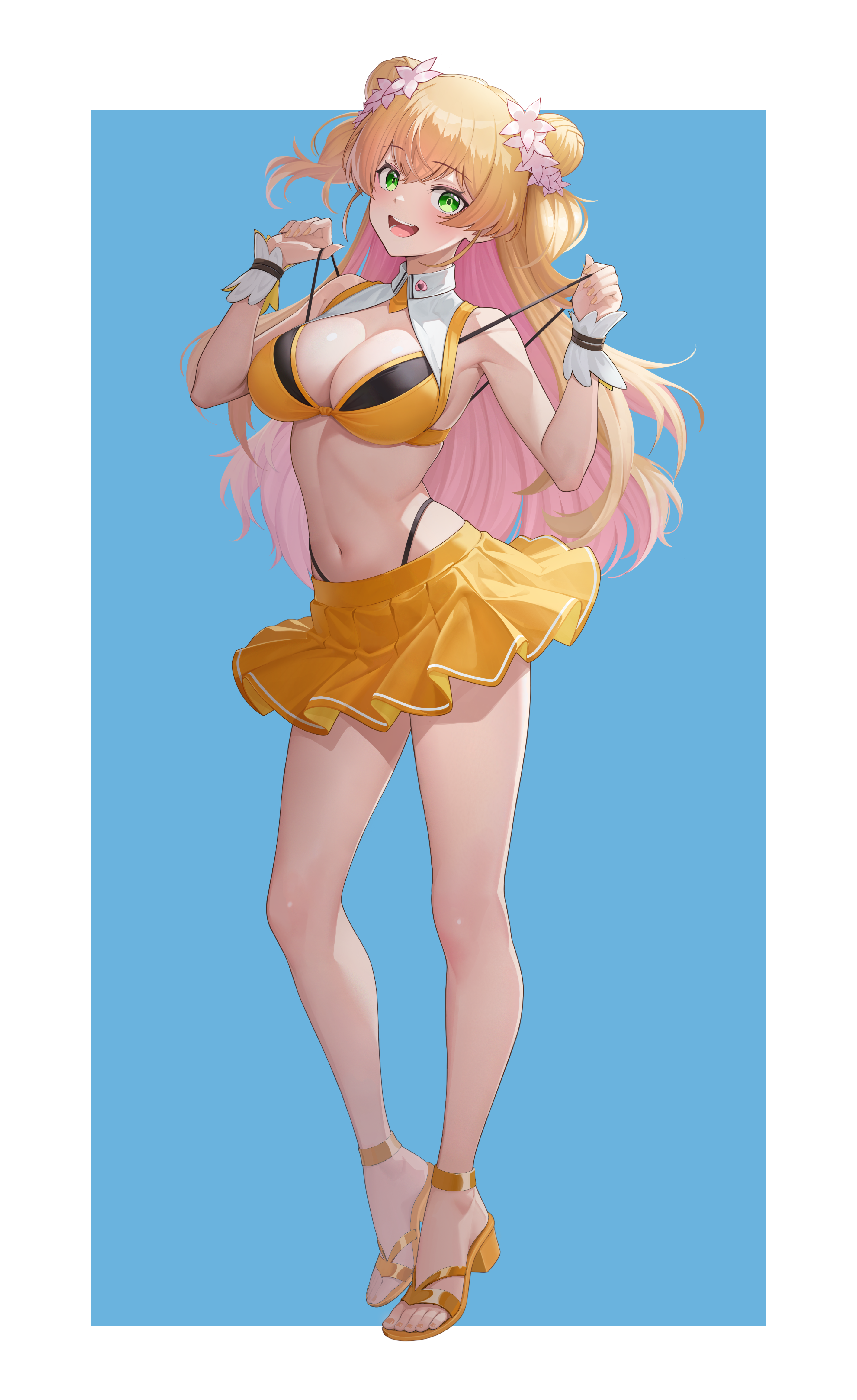 tanuk, momosuzu nene, hololive, absurdres, commentary request, highres, 1girl, :d, bikini, bikini skirt, black bikini, blonde hair, breasts, cleavage, double-parted bangs, double bun, flower, full body, gradient hair, green eyes, hair bun, hair flower, hair ornament, hands up, highleg, highleg bikini, large breasts, layered bikini, linea alba, long hair, looking at viewer, miniskirt, multicolored hair, navel, open mouth, pink hair, pleated skirt, sandals, side up bun, skirt, smile, solo, stomach, strap lift, swimsuit, teeth, toes, two side up, upper teeth only, virtual youtuber, yellow bikini, yellow skirt