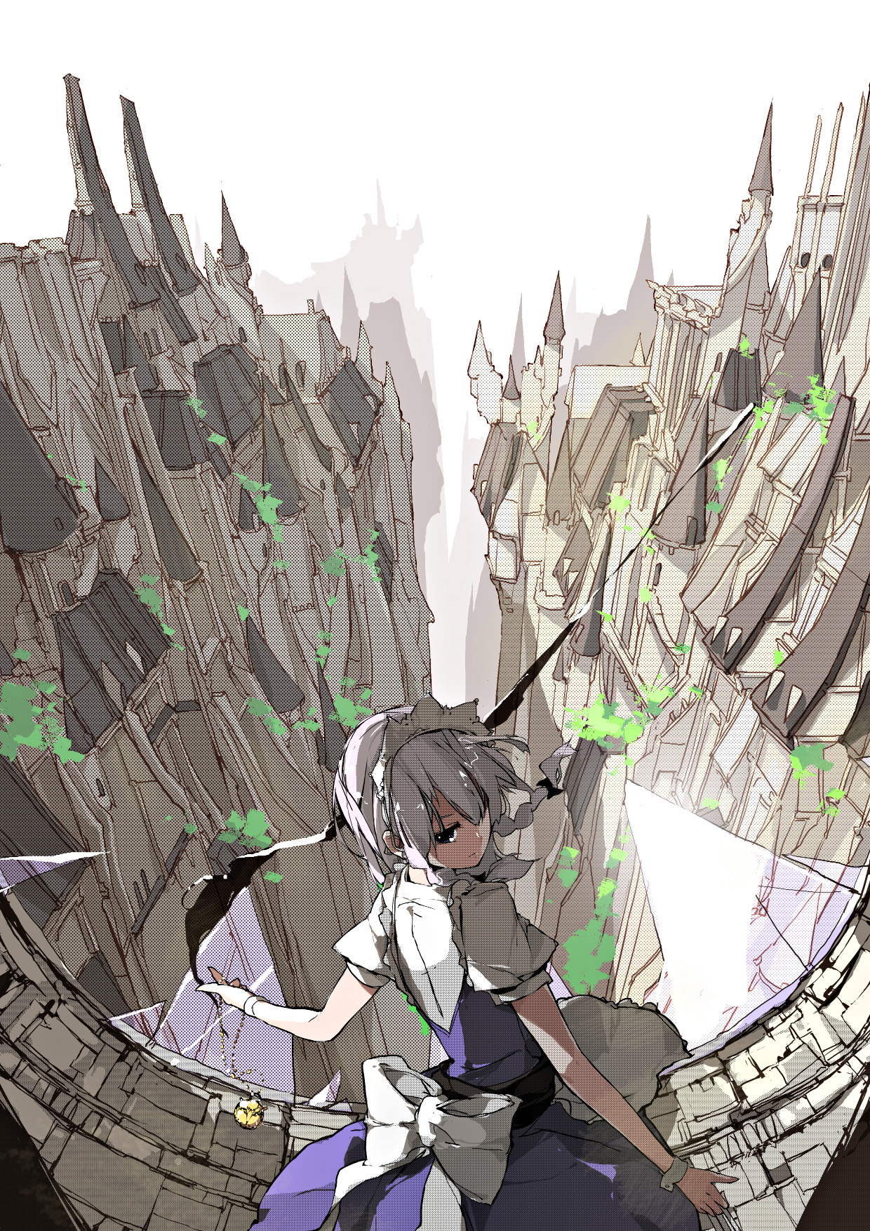 sakura sora, izayoi sakuya, touhou, silver hair, bad id, bad pixiv id, highres, 1girl, braid, dithering, dress, female focus, hair over one eye, looking back, maid, nature, outdoors, plant, pocket watch, short hair, solo, twin braids, watch