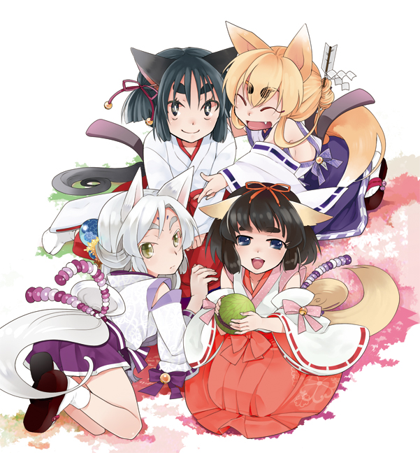 shino satoru, original, 4girls, animal ears, black hair, blonde hair, closed eyes, detached sleeves, fang, fangs, fox ears, fox tail, japanese clothes, miko, multiple girls, tail, temari ball, white hair