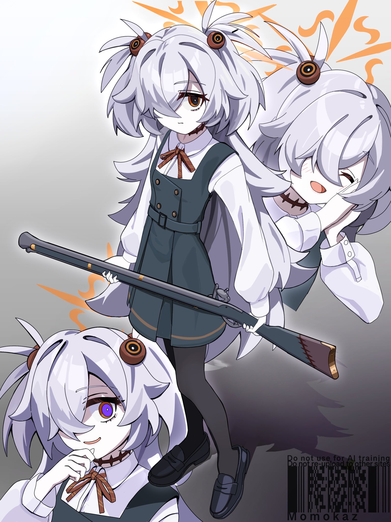 momokaz, kanoe (blue archive), blue archive, commentary request, highres, 1girl, antique firearm, black pantyhose, black shoes, blunderbuss, brown eyes, dress, expressionless, firearm, grey background, grey hair, gun, hair ornament, hair over one eye, holding, holding gun, holding weapon, long hair, long sleeves, looking at viewer, multiple views, open mouth, own hands together, pantyhose, pinafore dress, purple eyes, shoes, simple background, sleeveless, sleeveless dress, smile, two side up, weapon