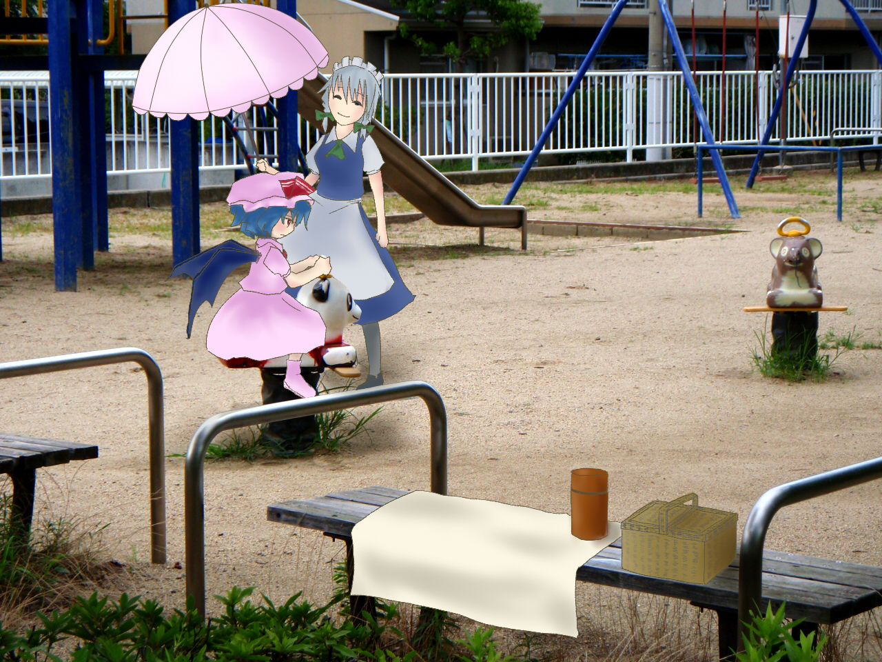 kamometokame, yonayona, izayoi sakuya, remilia scarlet, touhou, photo (medium), 2girls, closed eyes, female focus, hat, maid, maid headdress, multiple girls, parasol, photo background, picnic basket, playground, riding, smile, thermos, umbrella, wings