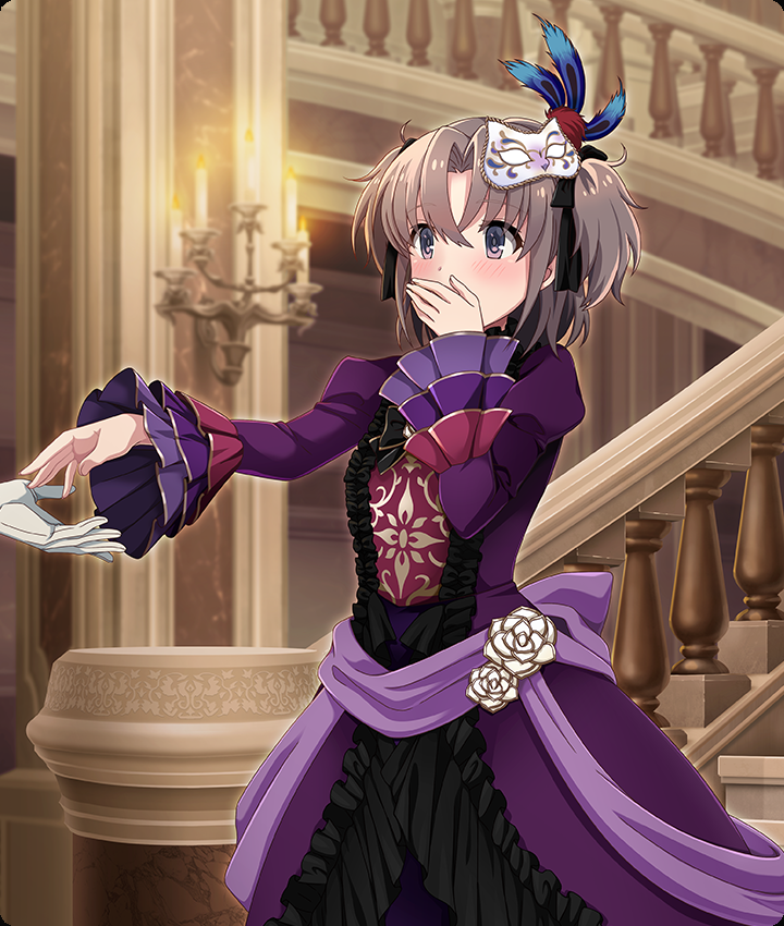inami suu, toji no miko, toji no miko: kizamishi issen no tomoshibi, game cg, official art, third-party source, 1girl, 1other, banister, black ribbon, blue feathers, blush, brown eyes, brown hair, candelabra, candlestand, dot nose, dress, eye mask, feathers, feet out of frame, flower, formal clothes, frilled dress, frills, gloves, hair ribbon, hand to own mouth, indoors, layered sleeves, mask, mask on head, masquerade mask, offering hand, offering hand to another, out of frame, outstretched arm, parted bangs, peacock feathers, purple dress, ribbon, rose, short hair, short twintails, solo focus, stairs, twintails, white flower, white gloves, white mask, white rose