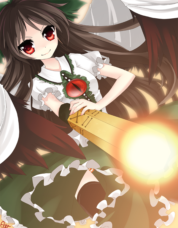 moorina, reiuji utsuho, touhou, bad id, bad pixiv id, 1girl, bow, brown hair, female focus, long hair, red eyes, skirt, solo, wings