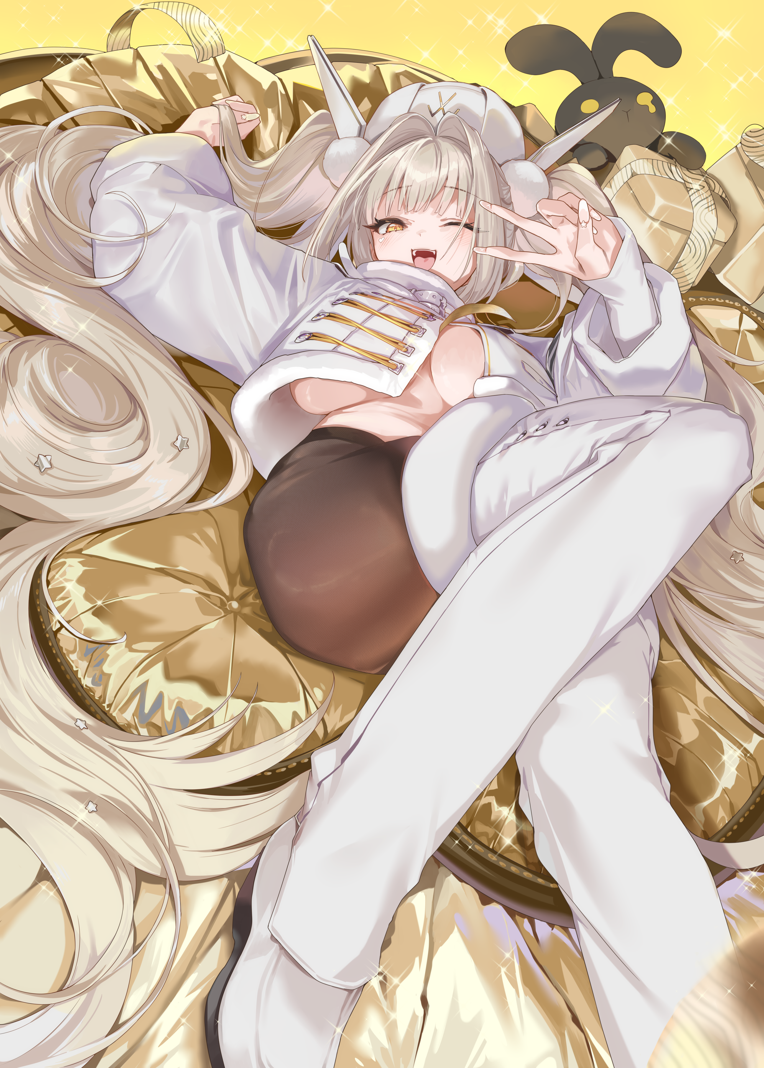 ohland, blanc (fortune express) (nikke), blanc (nikke), goddess of victory: nikke, absurdres, commentary, highres, 1girl, ;d, black pantyhose, blush, boots, breasts, hat, jacket, large breasts, long hair, long sleeves, looking at viewer, lying, official alternate costume, one eye closed, open mouth, pantyhose, smile, solo, thigh boots, thighs, twintails, v, very long hair, white boots, white hair, white hat, white jacket, yellow eyes