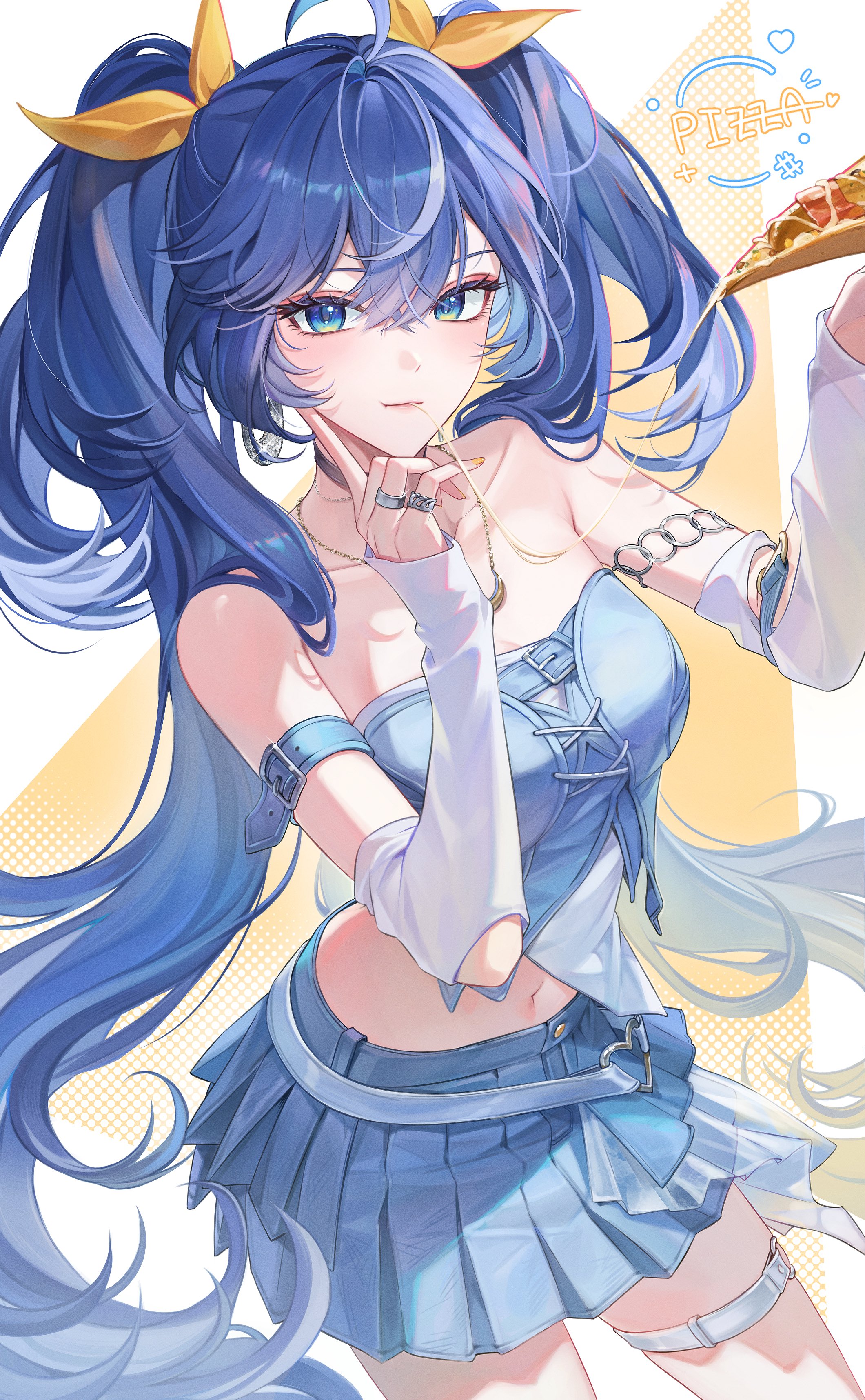 iuno (wuthering waves), wuthering waves, absurdres, commentary, highres, 1girl, ahoge, bare shoulders, blue eyes, blue hair, blue skirt, breasts, cheese, cheese trail, closed mouth, collarbone, earrings, eating, food, hair between eyes, hand up, holding, holding food, holding pizza, jewelry, long hair, looking at viewer, medium breasts, midriff, multicolored hair, nail polish, navel, official alternate costume, pizza, ring, skirt, smile, solo, streaked hair, thigh strap, thighs, twintails, very long hair, yellow nails, zani journey