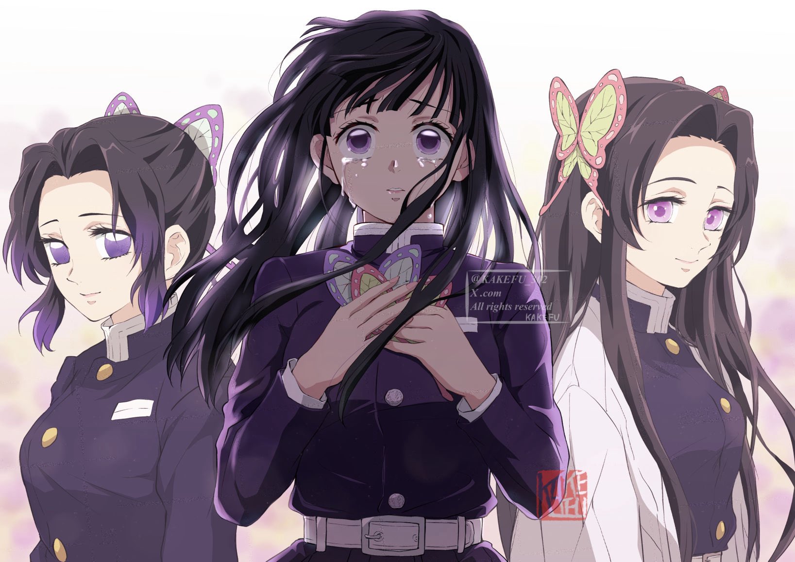 kakefu 302, kochou kanae, kochou shinobu, tsuyuri kanao, kimetsu no yaiba, commentary request, highres, 3girls, belt, black hair, breasts, butterfly hair ornament, crying, demon slayer uniform, hair ornament, hands up, haori, holding, japanese clothes, long hair, long sleeves, looking at viewer, multicolored hair, multiple girls, parted bangs, pink eyes, purple eyes, purple hair, short hair, simple background, smile, tears, two-tone hair, watermark, white background, white belt