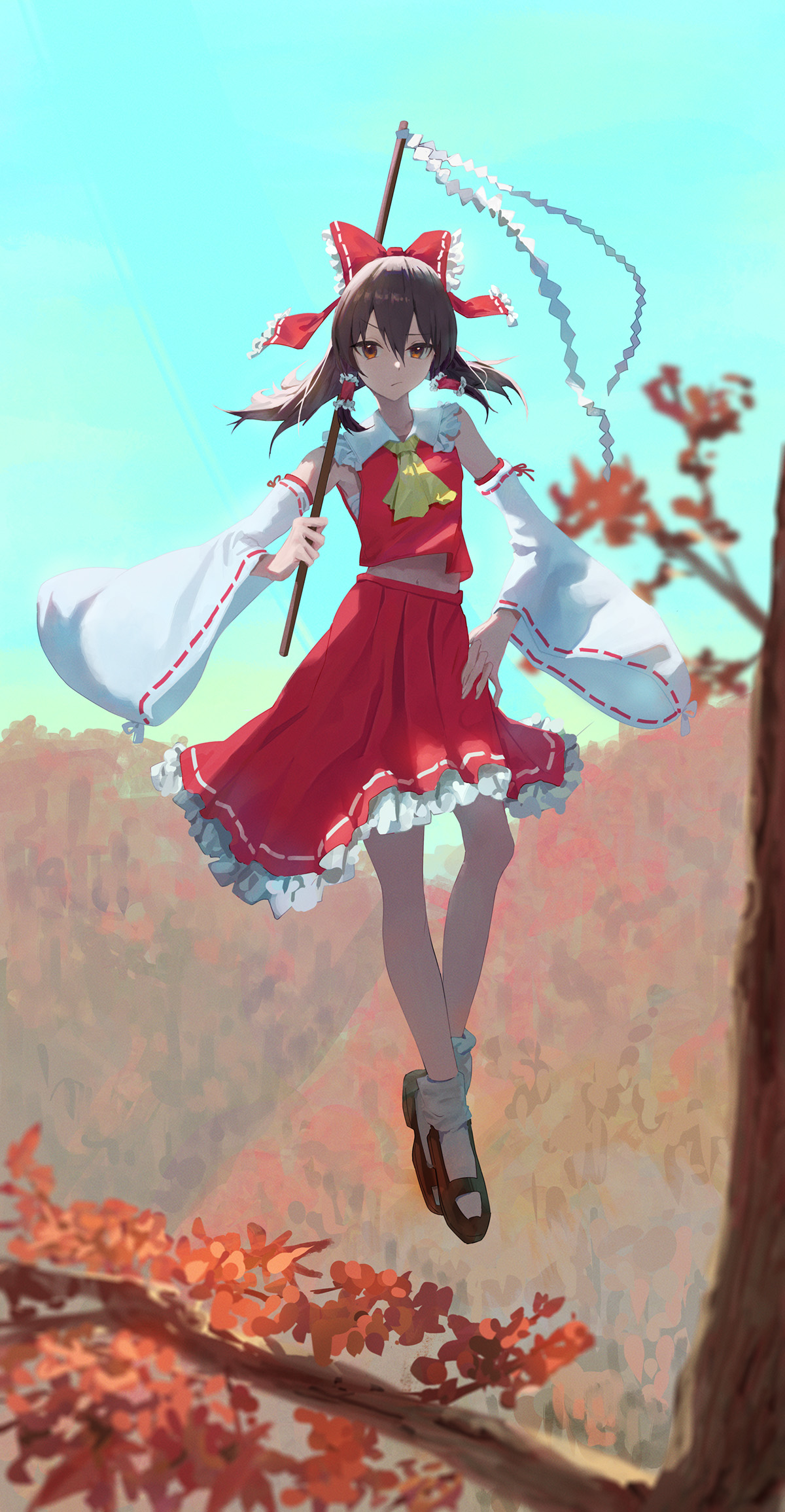 hakurei reimu, touhou, commentary, highres, 1girl, akeguchi, ascot, autumn, autumn leaves, blue sky, bow, brown hair, closed mouth, day, detached sleeves, frilled bow, frilled hair tubes, frilled skirt, frills, gohei, hair bow, hair tubes, hand on own hip, holding, holding gohei, leaf, long hair, mary janes, midriff peek, navel, outdoors, red bow, red eyes, red skirt, ribbon-trimmed skirt, ribbon-trimmed sleeves, ribbon trim, shoes, skirt, skirt set, sky, socks, solo, white socks, yellow ascot
