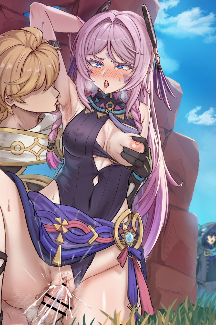 fuhikari, aether (genshin impact), citlali (genshin impact), ororon (genshin impact), genshin impact, commentary request, highres, 1girl, 2boys, armpits, bar censor, bare shoulders, blonde hair, blue eyes, blush, breasts, censored, cryo symbol (genshin impact), cum, cum in pussy, dress, grabbing another's breast, grass, groping, hetero, licking, licking armpit, medium breasts, multiple boys, purple dress, sex, vision (genshin impact)