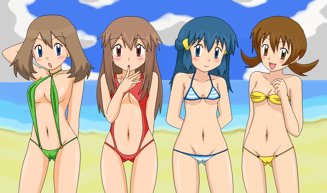kuro hopper, dawn (pokemon), leaf (pokemon), lyra (pokemon), may (pokemon), nintendo, pokemon, pokemon hgss, bad id, bad pixiv id, 00s, 4girls, :d, :o, arm behind head, arm up, arms behind back, bandeau, beach, bikini, black hair, blue bikini, blue eyes, blush, breasts, brown eyes, brown hair, cameltoe, cloud, cloudy sky, cowboy shot, day, finger to mouth, flipped hair, green one-piece swimsuit, green slingshot swimsuit, grey hair, hair ornament, half updo, lineup, long hair, looking at viewer, lowleg, lowleg bikini, micro bikini, multiple girls, narrow waist, navel, o-ring, o-ring bottom, o-ring swimsuit, o-ring top, ocean, oekaki, one-piece swimsuit, open mouth, outdoors, red eyes, red one-piece swimsuit, red slingshot swimsuit, short hair, short twintails, sidelocks, sky, slingshot swimsuit, small breasts, smile, summer, swimsuit, take your pick, twintails, underboob, water, wide hips, yellow bikini