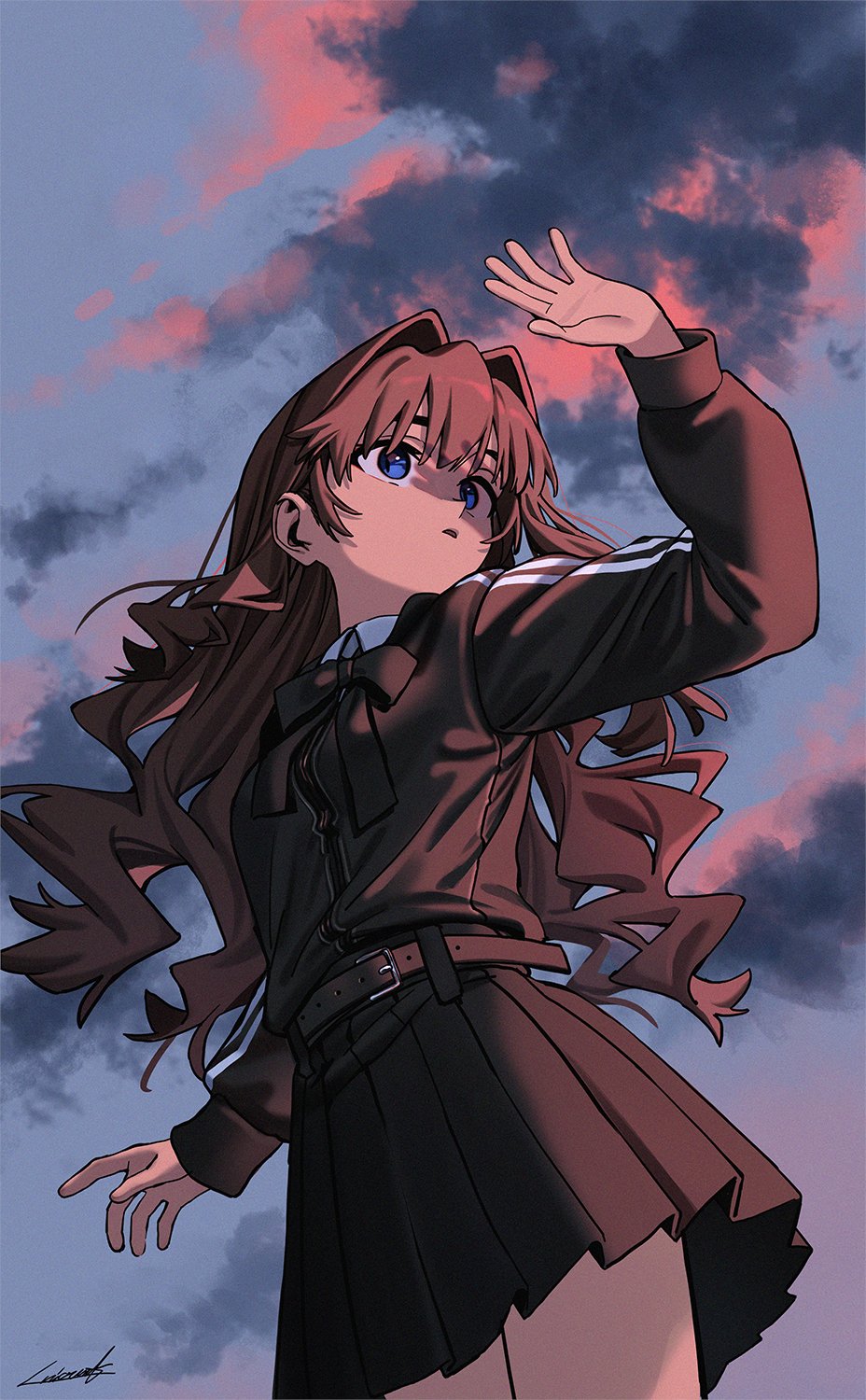 luicent, elisia valfelto, original, commentary, english commentary, highres, 1girl, belt, black bow, black bowtie, black jacket, black skirt, blue eyes, bow, bowtie, breasts, brown hair, cloud, cloudy sky, cowboy shot, from below, hair intakes, jacket, long hair, looking afar, shading eyes, shirt, signature, skirt, sky, small breasts, solo, sunset, wavy hair, white shirt, wind