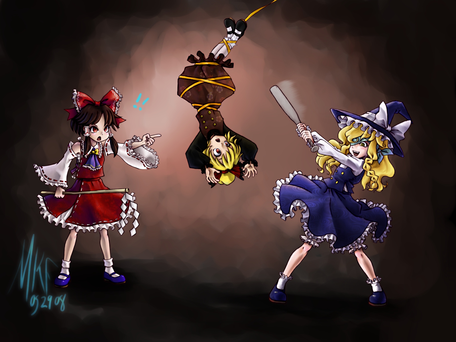 madkoifish, hakurei reimu, kirisame marisa, kurodani yamame, touhou, highres, baseball bat, blonde hair, bow, braid, brown hair, detached sleeves, gohei, hat, long hair, pinata, red eyes, short hair, witch hat, yellow eyes