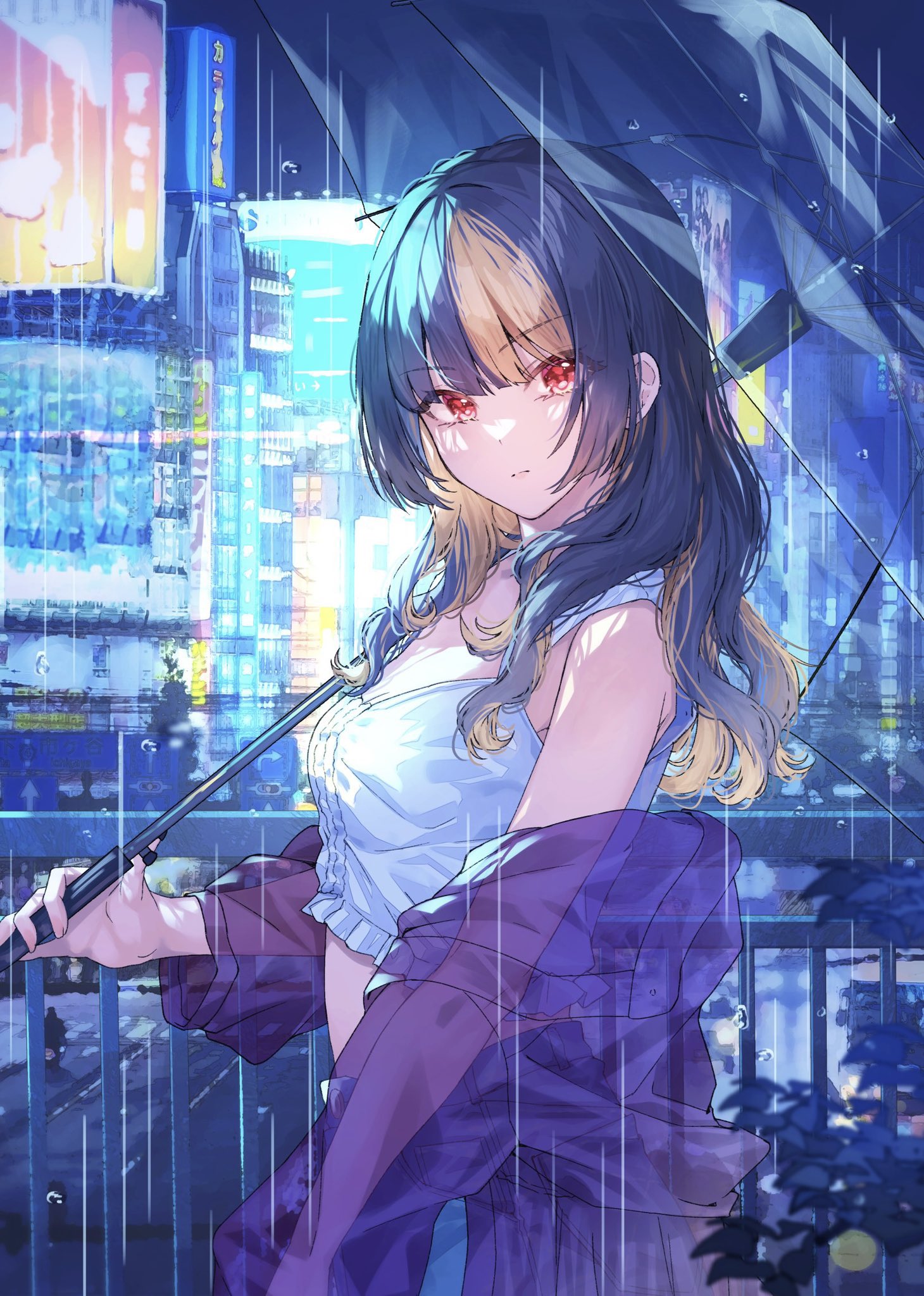 shio kouji (shiokojii), original, commentary request, highres, 1girl, black hair, closed mouth, fence, from side, holding, holding umbrella, looking at viewer, poster (object), red eyes, see-through clothes, solo, transparent, transparent umbrella, umbrella