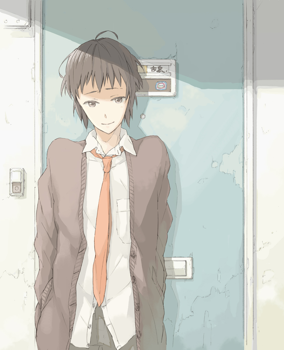 yu-tan, kyon, suzumiya haruhi no yuuutsu, bad id, bad pixiv id, highres, 00s, brown hair, cardigan, door, dress shirt, male focus, necktie, shirt, short hair, solo