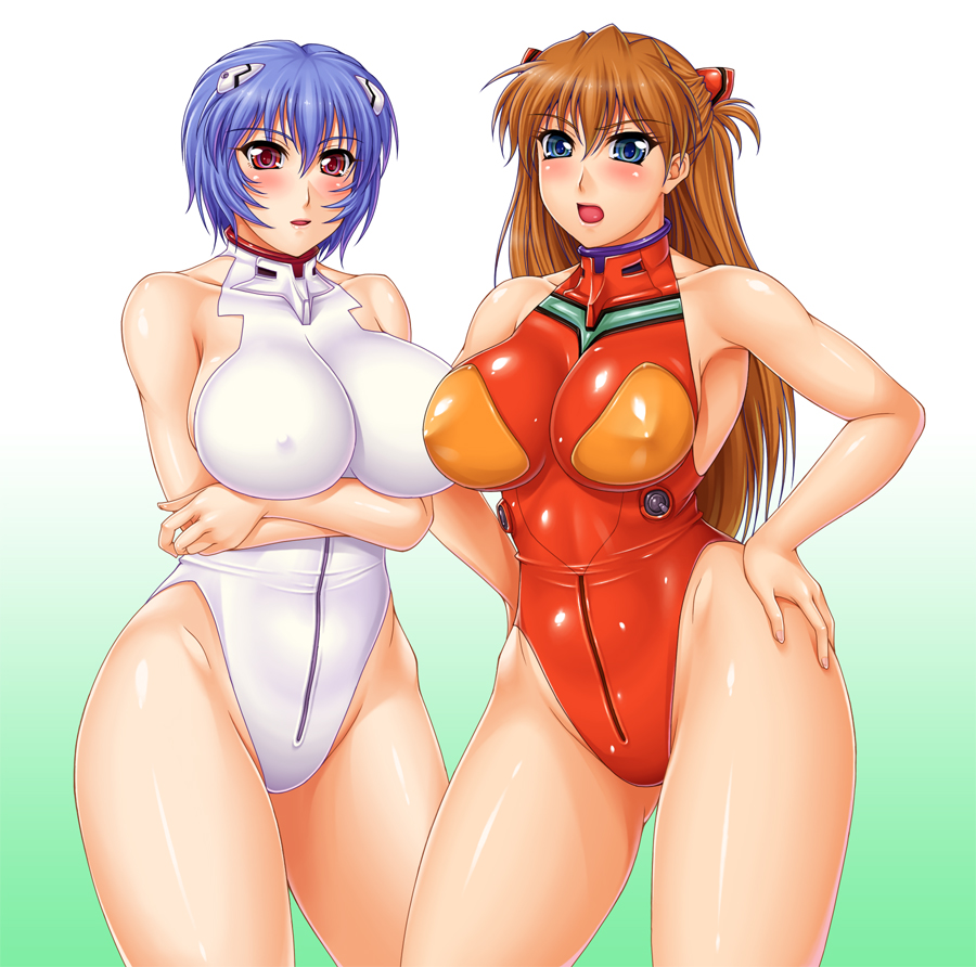 ameoto, ayanami rei, souryuu asuka langley, neon genesis evangelion, alternate breast size, breast hold, pilot suit, >:o, 2girls, :d, :o, adapted costume, angry, armpits, bare shoulders, blue eyes, blue hair, blush, breasts, collarbone, covered collarbone, covered erect nipples, cowboy shot, crossed arms, curvy, facing viewer, gradient background, green background, groin, hair between eyes, halterneck, hands on own hips, headgear, highleg, highleg leotard, hip focus, huge breasts, impossible clothes, impossible leotard, interface headset (evangelion), legs, legs apart, leotard, long hair, looking at viewer, mecha pilot suit, multiple girls, one-piece swimsuit, open mouth, orange hair, parted lips, plugsuit (evangelion), plump, red eyes, red hair, red leotard, shiny clothes, shiny skin, short hair, sideboob, simple background, skin tight, smile, standing, straight hair, swimsuit, taut clothes, thighs, turtleneck, two side up, v-shaped eyebrows, very long hair, white background, white leotard