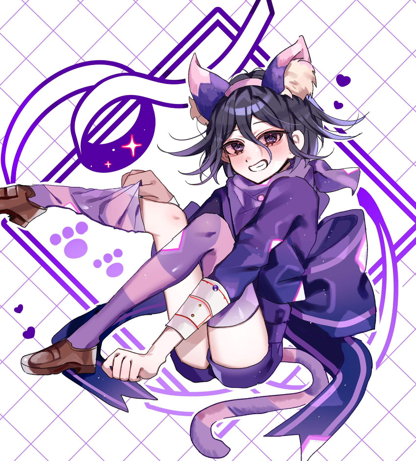 sobacha, oma kokichi, danganronpa (series), danganronpa v3: killing harmony, commentary request, highres, 1boy, animal ears, ass, black hair, bow, brown shoes, cat ears, cat tail, fake animal ears, fake tail, grin, hair between eyes, large bow, long sleeves, male focus, medium hair, multicolored hair, pink hair, pink thighhighs, purple scarf, purple shorts, purple sweater, scarf, shoes, shorts, smile, sweater, tail, teeth, thighhighs, two-tone hair, two-tone thighhighs, white background