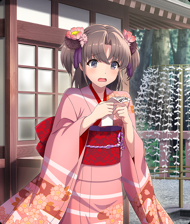 inami suu, toji no miko, toji no miko: kizamishi issen no tomoshibi, game cg, official art, third-party source, translated, 1girl, architecture, blush, brown eyes, brown hair, cowboy shot, day, dot nose, east asian architecture, floral print, floral print kimono, flower, furisode, hair flower, hair ornament, holding omikuji, japanese clothes, kimono, new year, obi, omikuji, open mouth, outdoors, parted bangs, pink flower, pink kimono, print kimono, print sash, railing, red sash, sash, short hair, short twintails, single tear, solo, tied omikuji, tree, twintails, wide sleeves