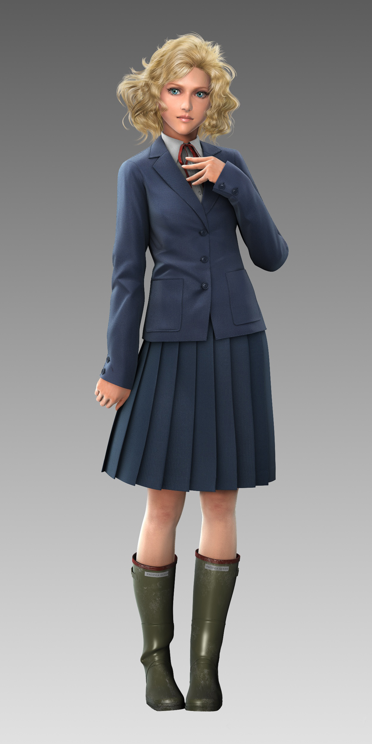 paz ortega andrade, metal gear (series), metal gear solid: peace walker, uniform, absurdres, highres, official art, 1girl, 3d, blonde hair, blue eyes, boots, female focus, full body, gradient background, hand on own chest, pleated skirt, short hair, simple background, skirt, solo, standing, wavy hair