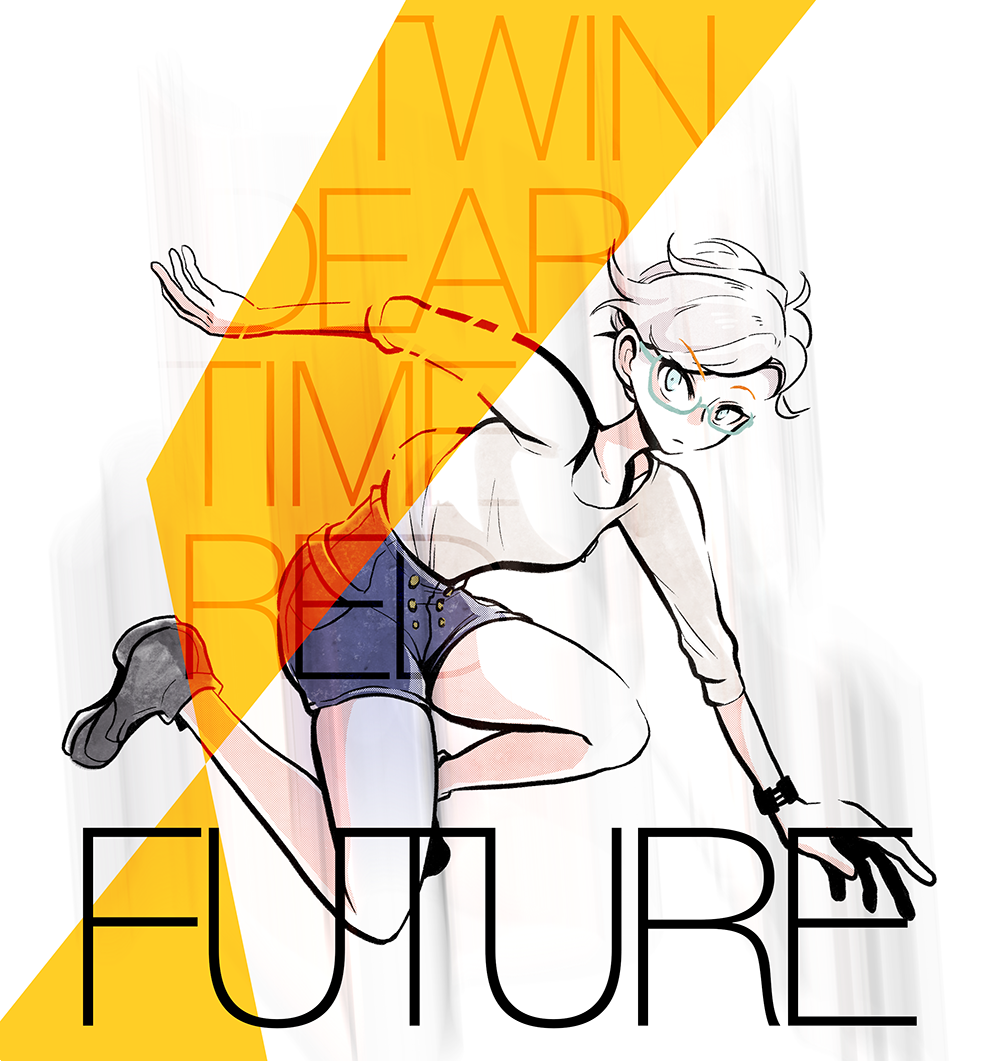 phi (kyokugen dasshutsu), kyokugen dasshutsu, zero escape: toki no dilemma, commentary, english commentary, third-party source, 1girl, aqua-framed eyewear, aqua eyes, awildxxxappeared, black shoes, blue shorts, closed mouth, collarbone, english text, eyelashes, full body, glasses, mismatched eyebrows, semi-rimless eyewear, shirt, shoes, short hair, shorts, solo, very short hair, white background, white hair, white shirt