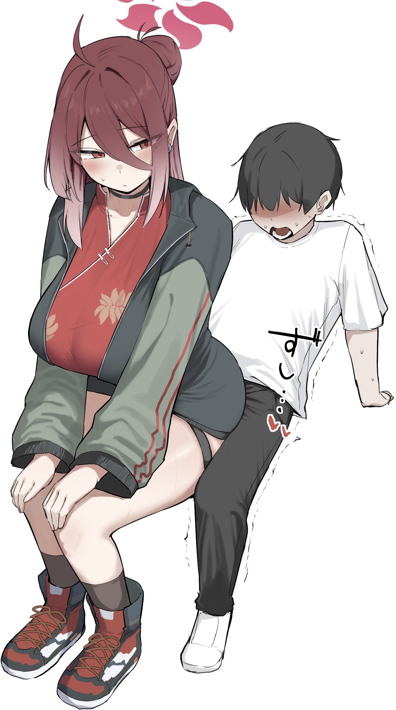 narodenden, reijo (blue archive), blue archive, highres, 1boy, 1girl, black choker, black hair, black pants, blush, choker, closed mouth, hair between eyes, halo, long sleeves, mole, open mouth, pants, red eyes, red hair, red halo, simple background, white background