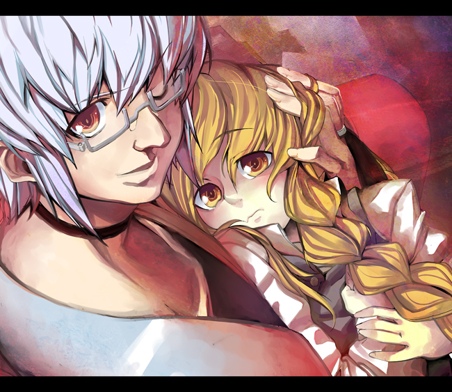 hidori (hibi toridori), kirisame marisa, morichika rinnosuke, curiosities of lotus asia, touhou, silver hair, 1boy, 1girl, blonde hair, blush, braid, choker, couple, from above, glasses, hand in own hair, hetero, letterboxed, long hair, one eye closed, short hair, wink, yellow eyes