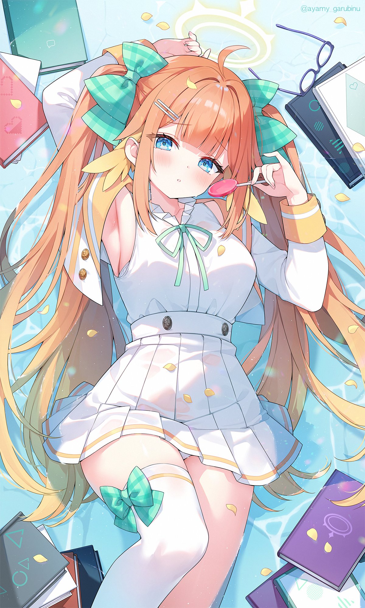 ayamy, shimiko (blue archive), blue archive, commentary request, highres, 1girl, ahoge, arm up, armpits, blonde hair, blue eyes, book, bow, candy, center-flap bangs, cropped jacket, double-parted bangs, feather hair, food, gradient hair, hair bow, hair ornament, hairclip, halo, hand up, high-waist skirt, holding, holding candy, holding food, holding lollipop, jacket, lollipop, long hair, looking at viewer, lying, miniskirt, multicolored hair, official artist extra, on back, orange hair, panties, panty peek, parallel hairclips, parted lips, pleated skirt, shirt, shirt tucked in, single thighhigh, skirt, sleeve cuffs, sleeveless, sleeveless shirt, solo, thighhighs, twintails, underwear, unworn eyewear, very long hair, water, white jacket, white panties, white shirt, white skirt, white thighhighs