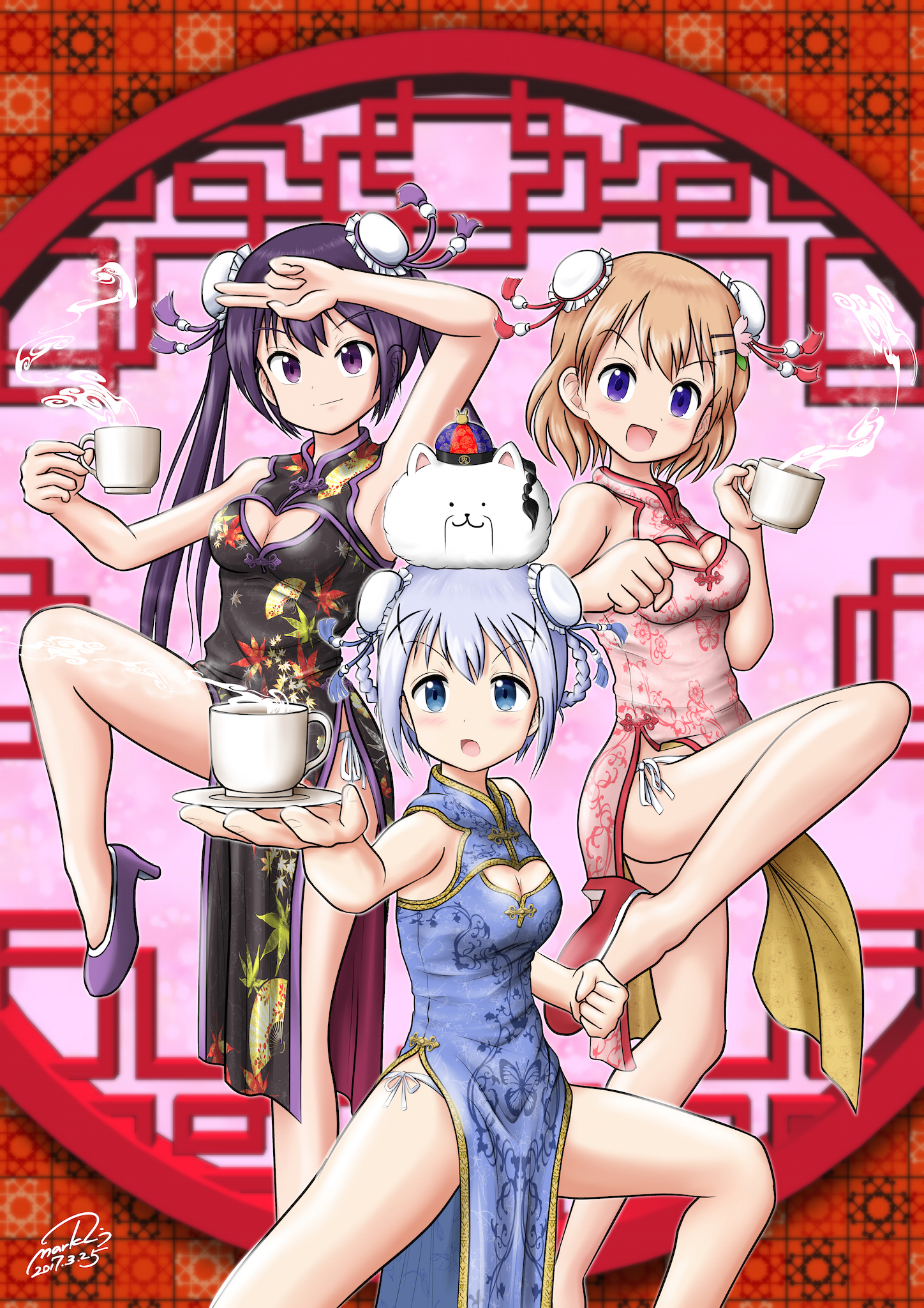 mark2u, hoto cocoa, kafuu chino, tedeza rize, tippy (gochiusa), gochuumon wa usagi desu ka?, commentary request, highres, 3girls, blue eyes, blue hair, brown hair, china dress, chinese clothes, dress, high heels, multiple girls, panties, purple eyes, purple hair, side-tie panties, underwear