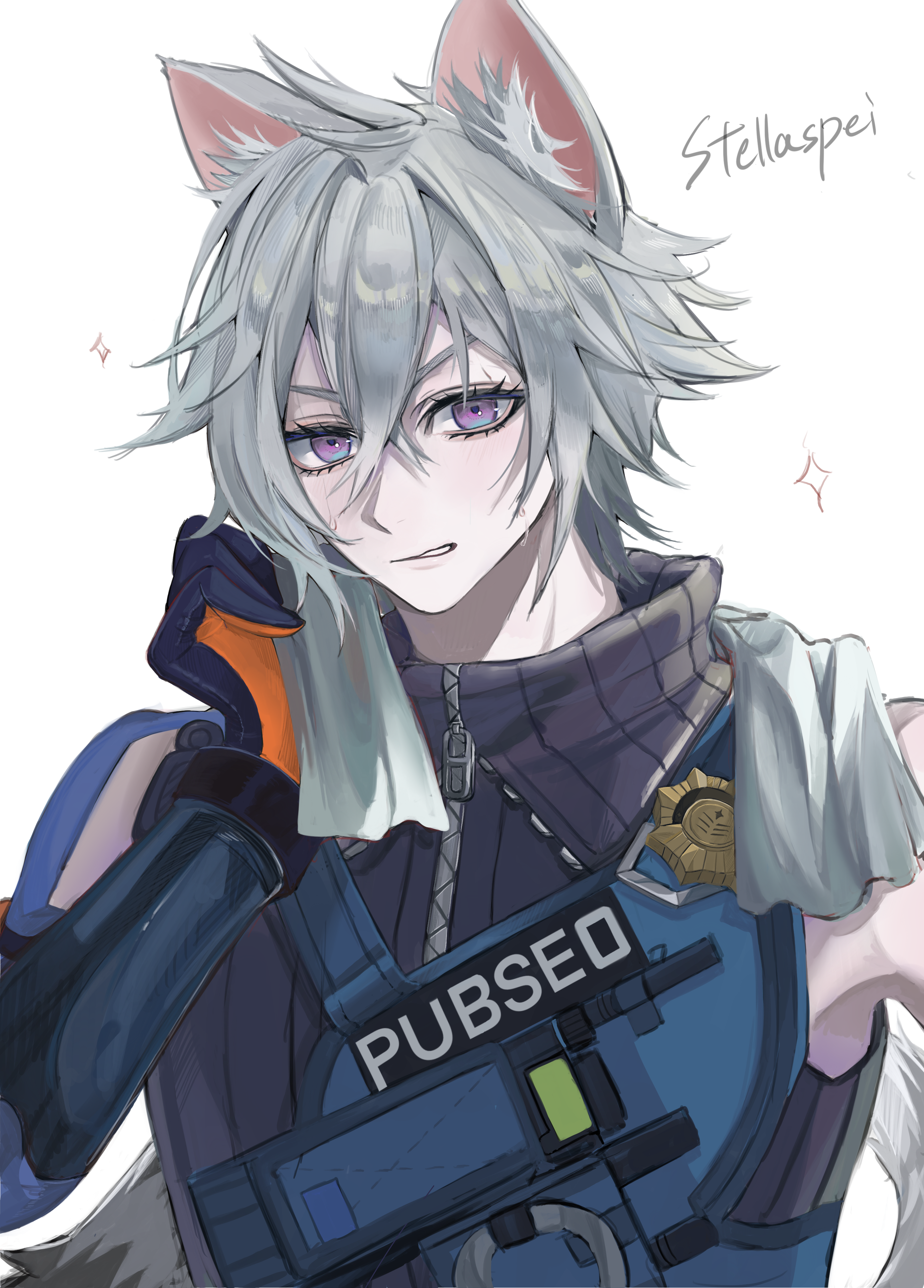 stellaspei, seth lowell, zenless zone zero, absurdres, commentary request, highres, revision, 1boy, animal ears, artist name, cat boy, cat ears, cat tail, gloves, hair between eyes, jacket, male focus, police, police badge, police uniform, policeman, scar, scar on arm, short hair, sidelocks, simple background, smile, solo, tail, white hair