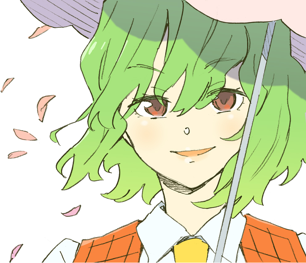 katou haruaki, kazami yuuka, touhou, 1girl, female focus, green hair, parasol, petals, plaid clothes, plaid vest, portrait, red eyes, short hair, simple background, smile, solo, umbrella, vest, white background
