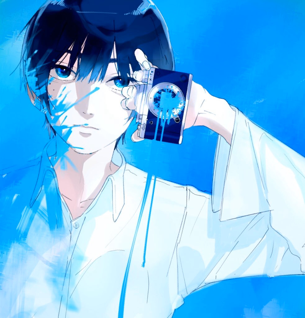 tokoame, commentary request, 1boy, black hair, blood, blood on clothes, blood on face, blood on object, blue background, blue blood, blue eyes, blue theme, camera, closed mouth, collared shirt, digital camera, expressionless, holding, holding camera, looking at viewer, male focus, shirt, short hair, solo, white shirt, yorushika