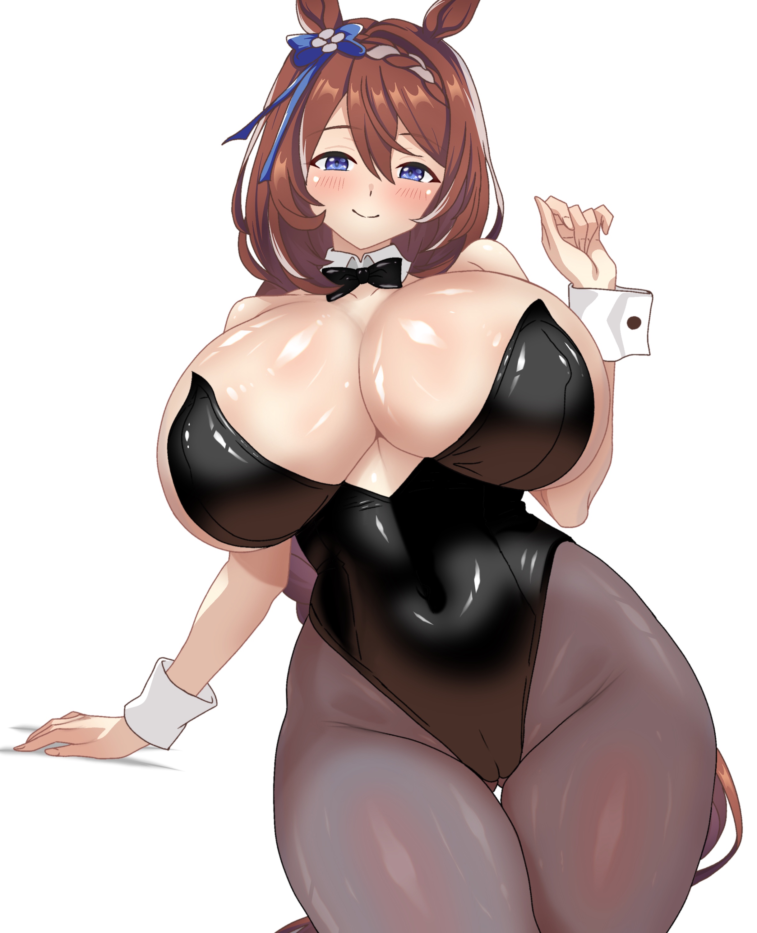 a-sui, super creek (umamusume), umamusume, absurdres, commentary request, highres, 1girl, alternate breast size (larger), animal ears, areola slip, black bow, black bowtie, black leotard, blue eyes, blush, bow, bowtie, braid, breasts, brown hair, brown pantyhose, cameltoe, closed mouth, cowboy shot, detached collar, double-parted bangs, hair between eyes, horse ears, horse girl, horse tail, huge breasts, leotard, long hair, looking at viewer, pantyhose, playboy bunny, simple background, smile, solo, strapless, strapless leotard, tail, white background, white wrist cuffs, wrist cuffs