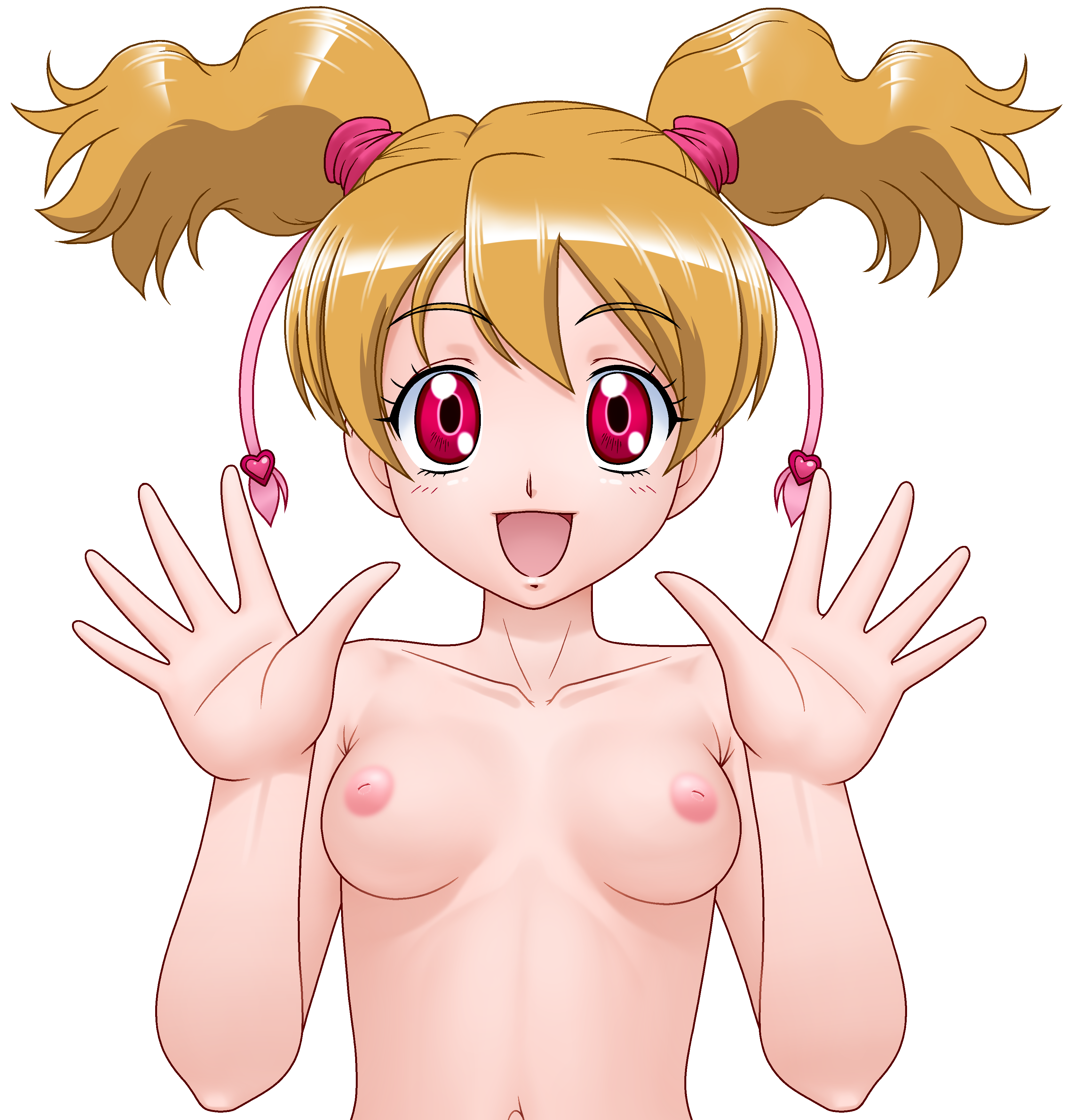 delica, momozono love, fresh precure!, precure, absurdres, highres, 00s, 1girl, :d, blonde hair, breasts, completely nude, eyelashes, female focus, inverted nipples, nipples, nude, open mouth, red eyes, small breasts, smile, solo, twintails