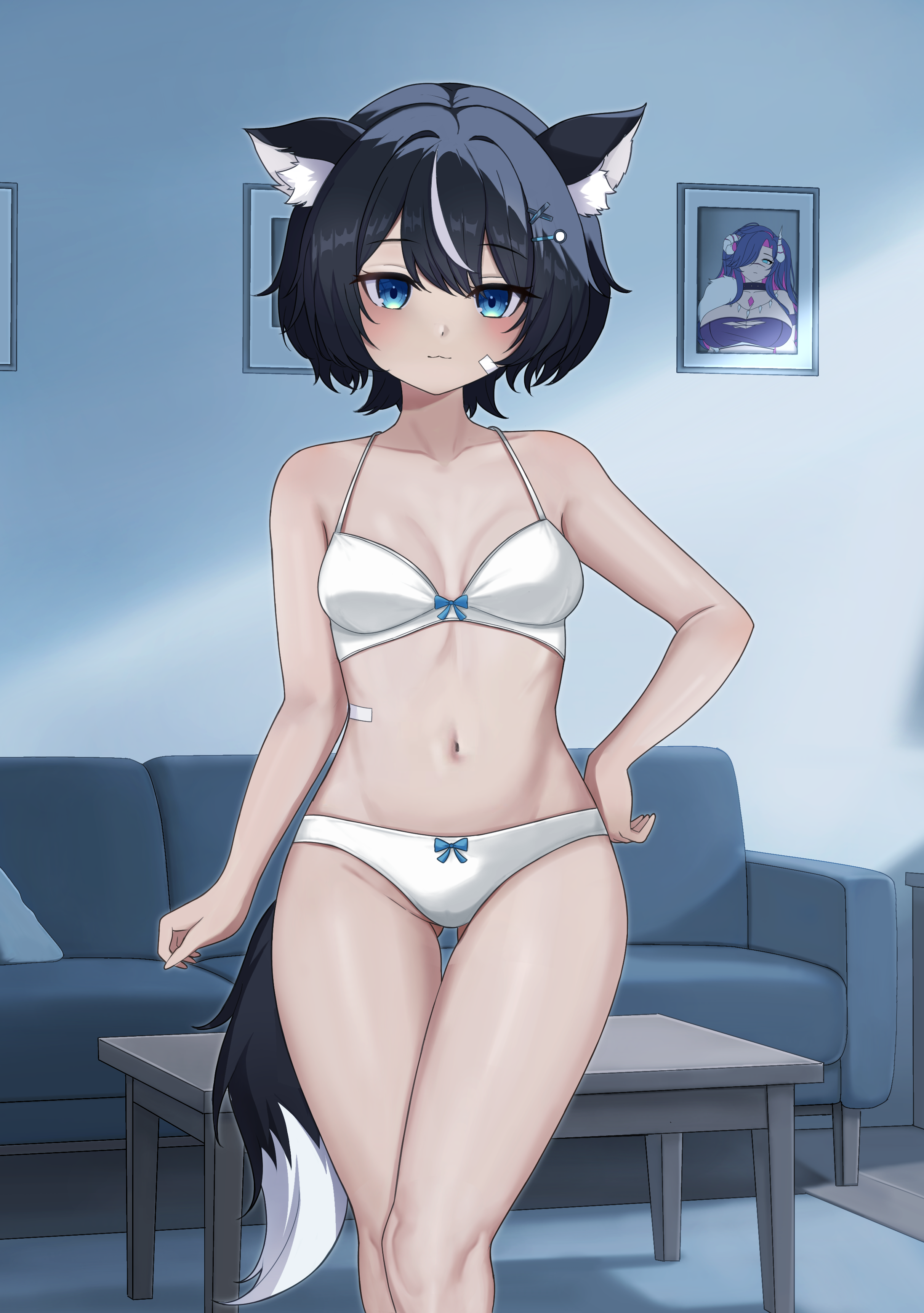 dzulfiqar023, fangsie fido, variance project, commission, highres, 1girl, animal ears, bandaid, bandaid on face, belly, bow, bow panties, bra, couch, dog ears, dog girl, dog tail, hand on own hip, indoors, knee up, knees up, looking at viewer, navel, panties, ribbon, solo, standing, table, tail, thighs, underwear, underwear only, virtual youtuber, white bra, white panties