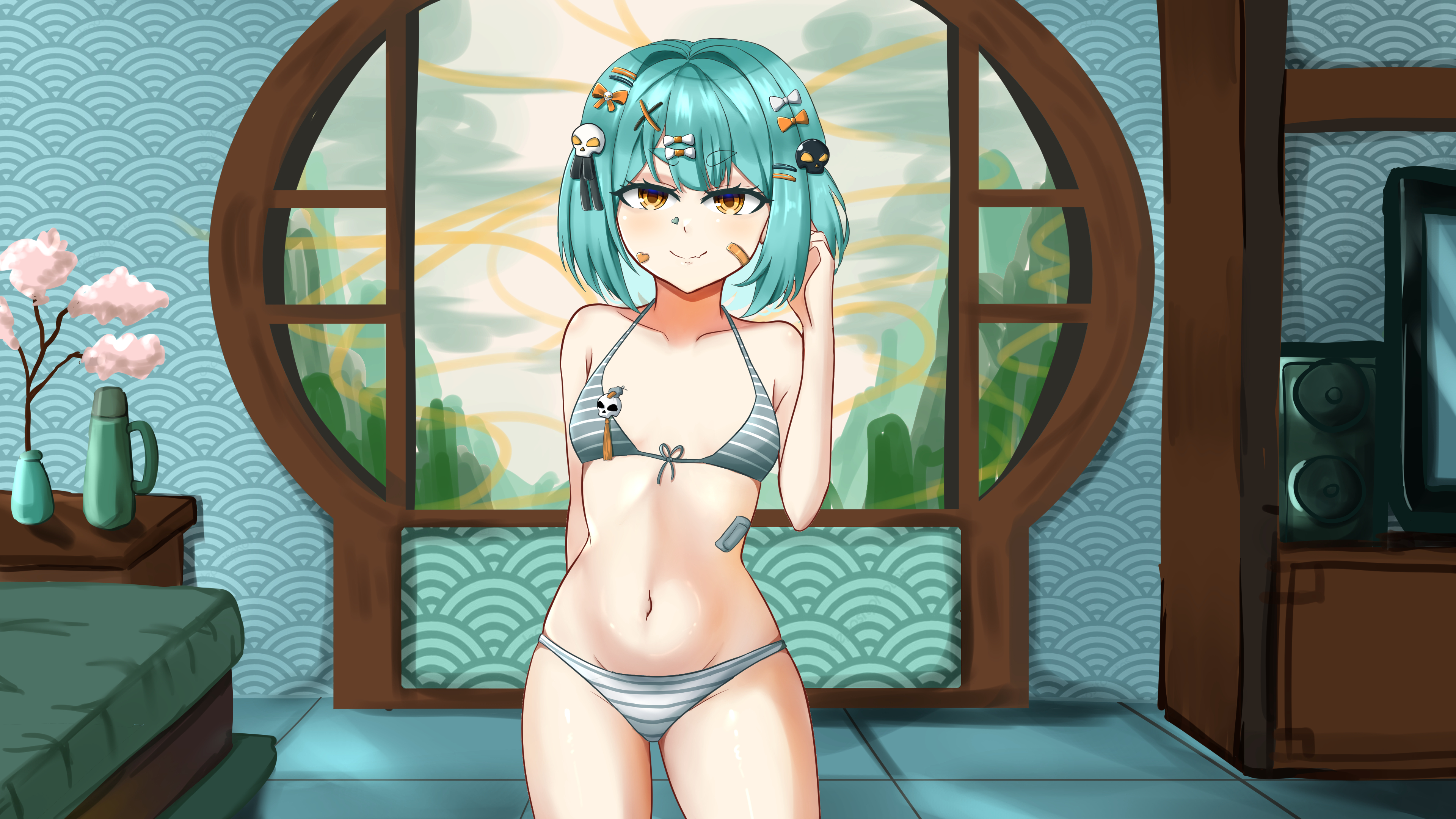 alienmangap, inami yoki, indie virtual youtuber, striped, commission, highres, 1girl, bandaid, bandaid on face, bed, belly, bow, bra, bug, butterfly, hair bow, hair ornament, hair ribbon, indoors, insect, knee up, knees up, looking at viewer, navel, panties, ribbon, skull hair ornament, smile, solo, standing, striped bra, striped clothes, table, underwear, underwear only, virtual youtuber, window, x hair ornament