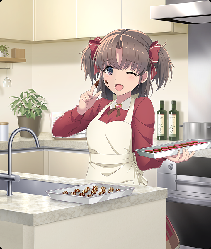 inami suu, toji no miko, toji no miko: kizamishi issen no tomoshibi, game cg, official art, third-party source, 1girl, ;d, apron, blush, bottle, bow, breasts, brooch, brown eyes, brown hair, cabinet, candy, champagne flute, chocolate, chocolate heart, chocolate icing, chocolate on face, chocolate on hand, cooking pot, cup, dot nose, dress, drinking glass, food, food on face, food on hand, gem, hair bow, hand up, heart, heart-shaped food, heart brooch, holding, holding tray, icing, index finger raised, jewelry, kitchen, long sleeves, looking at viewer, medium breasts, one eye closed, open mouth, oven, parted bangs, plant, potted plant, red bow, red dress, red gemstone, shelf, short twintails, sink, smile, solo, tray, twintails, valentine, wall shelf, white apron