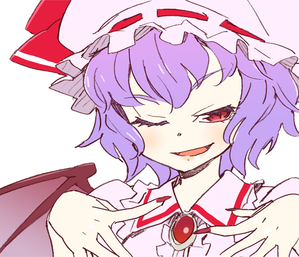 katou haruaki, remilia scarlet, touhou, 1girl, bat wings, female focus, fingernails, hat, nail (hardware), one eye closed, purple hair, red eyes, ribbon, short hair, smile, solo, wings, wink