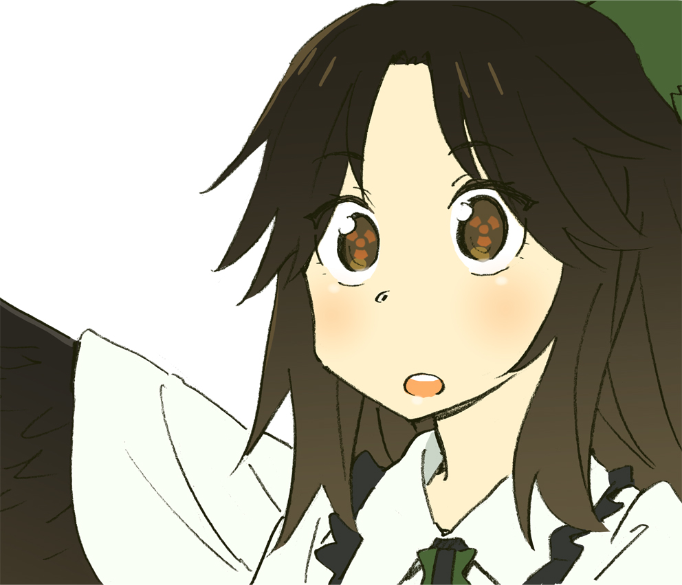 katou haruaki, reiuji utsuho, touhou, 1girl, :o, black hair, blush, bow, brown eyes, female focus, open mouth, radiation symbol, short hair, solo, symbol-shaped pupils, wings