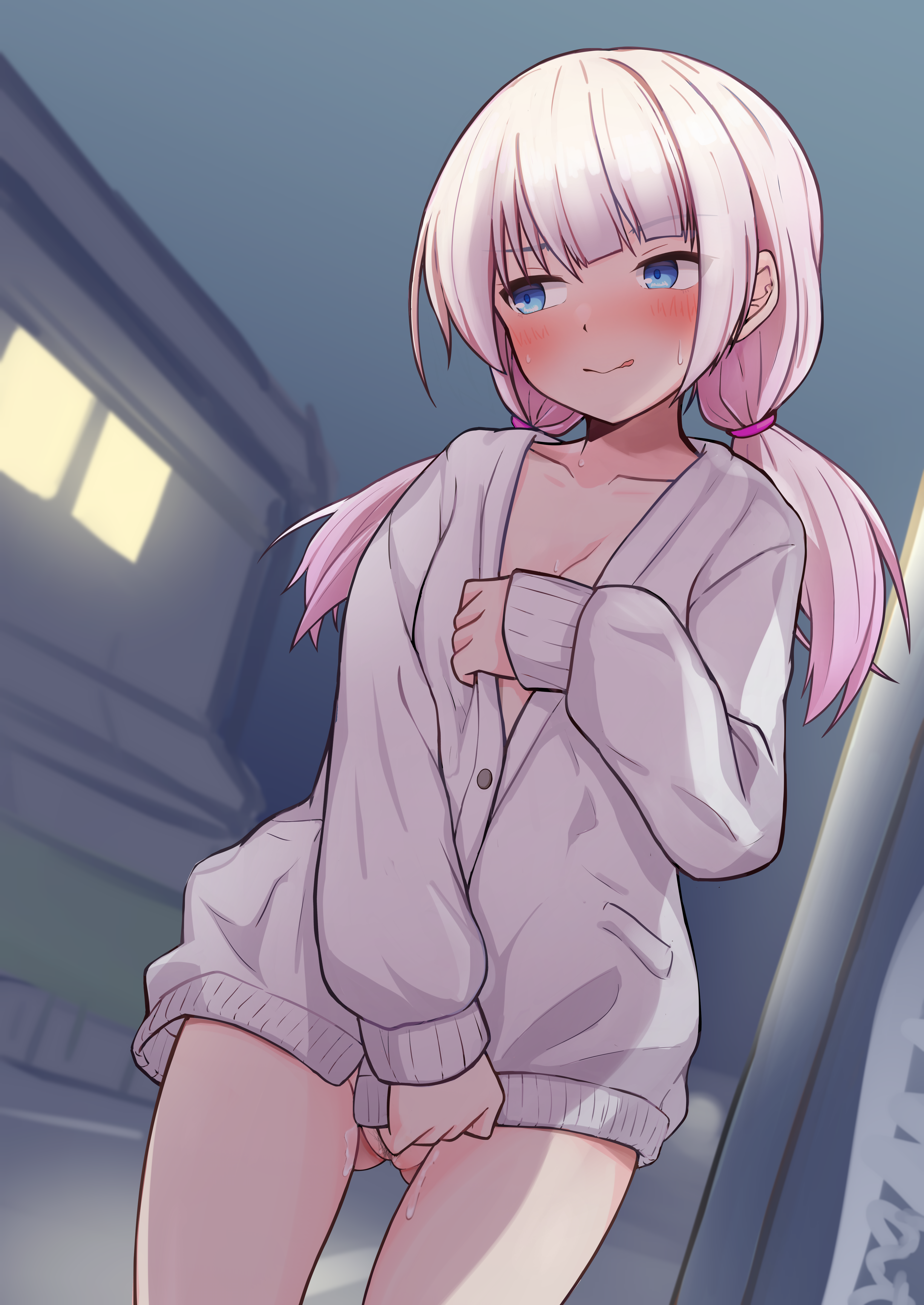 raraserara, original, absurdres, commentary, highres, 1girl, blue eyes, blunt bangs, blurry, blush, breasts, buttons, cleavage, collarbone, covering crotch, covering privates, cowboy shot, depth of field, dot nose, dutch angle, embarrassed, exhibitionism, gluteal fold, hood, hoodie, long hair, looking to the side, night, nude, outdoors, pink hair, pubic hair, public indecency, pussy, pussy juice, sidelocks, solo, tongue, tongue out, trembling, twintails, white hoodie, window, window light