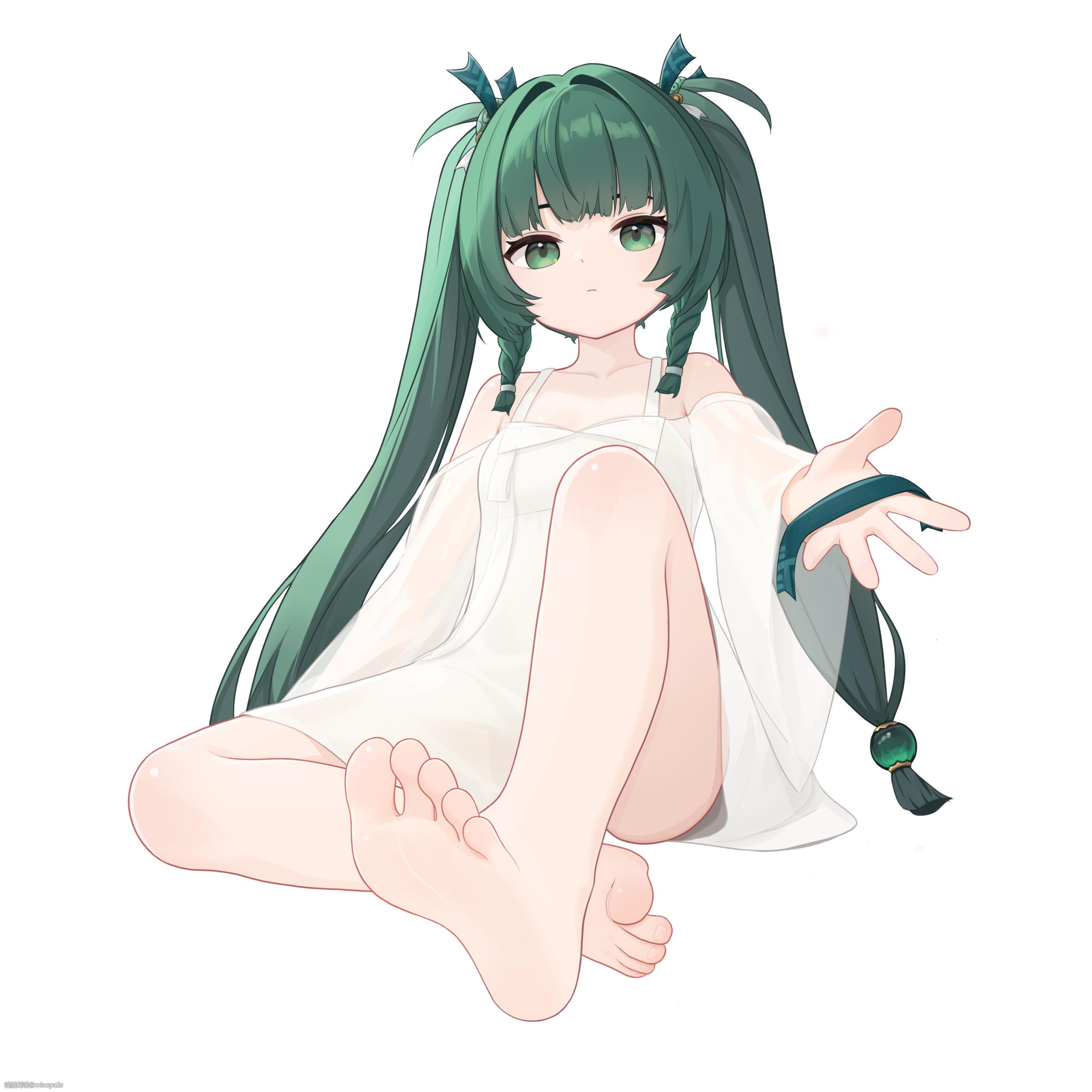 miaopa2s, qingyi (zenless zone zero), zenless zone zero, absurdres, commentary request, highres, revision, 1girl, barefoot, braid, closed mouth, dress, expressionless, feet, foot focus, green eyes, green hair, green ribbon, hair ornament, hair ribbon, knee up, long hair, on ground, outstretched arm, petite, ribbon, see-through clothes, see-through sleeves, side braids, simple background, sitting, solo, sphere hair ornament, twintails, white background, white dress