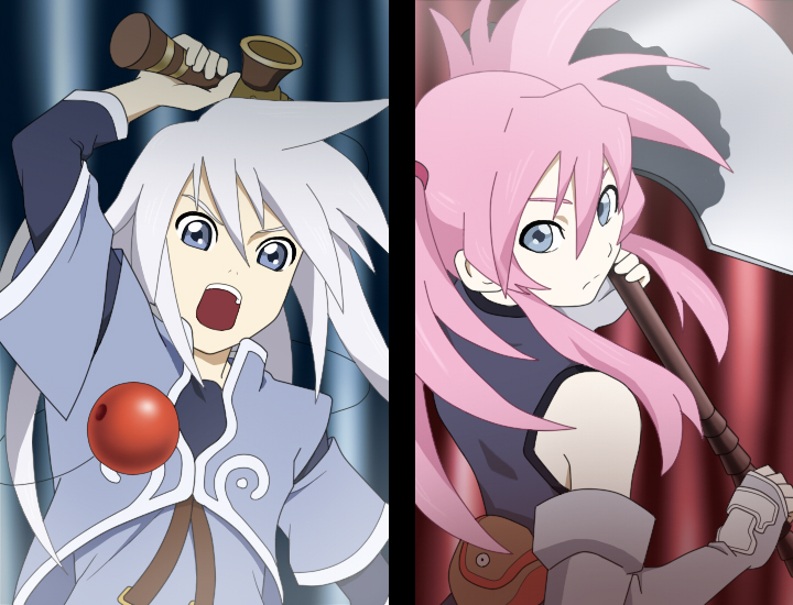 kamakiri, genius sage, presea combatir, tales of (series), tales of symphonia, 00s, 1boy, 1girl, axe, cut-in, elbow gloves, gloves, kendama, looking back, sleeveless, twintails, weapon