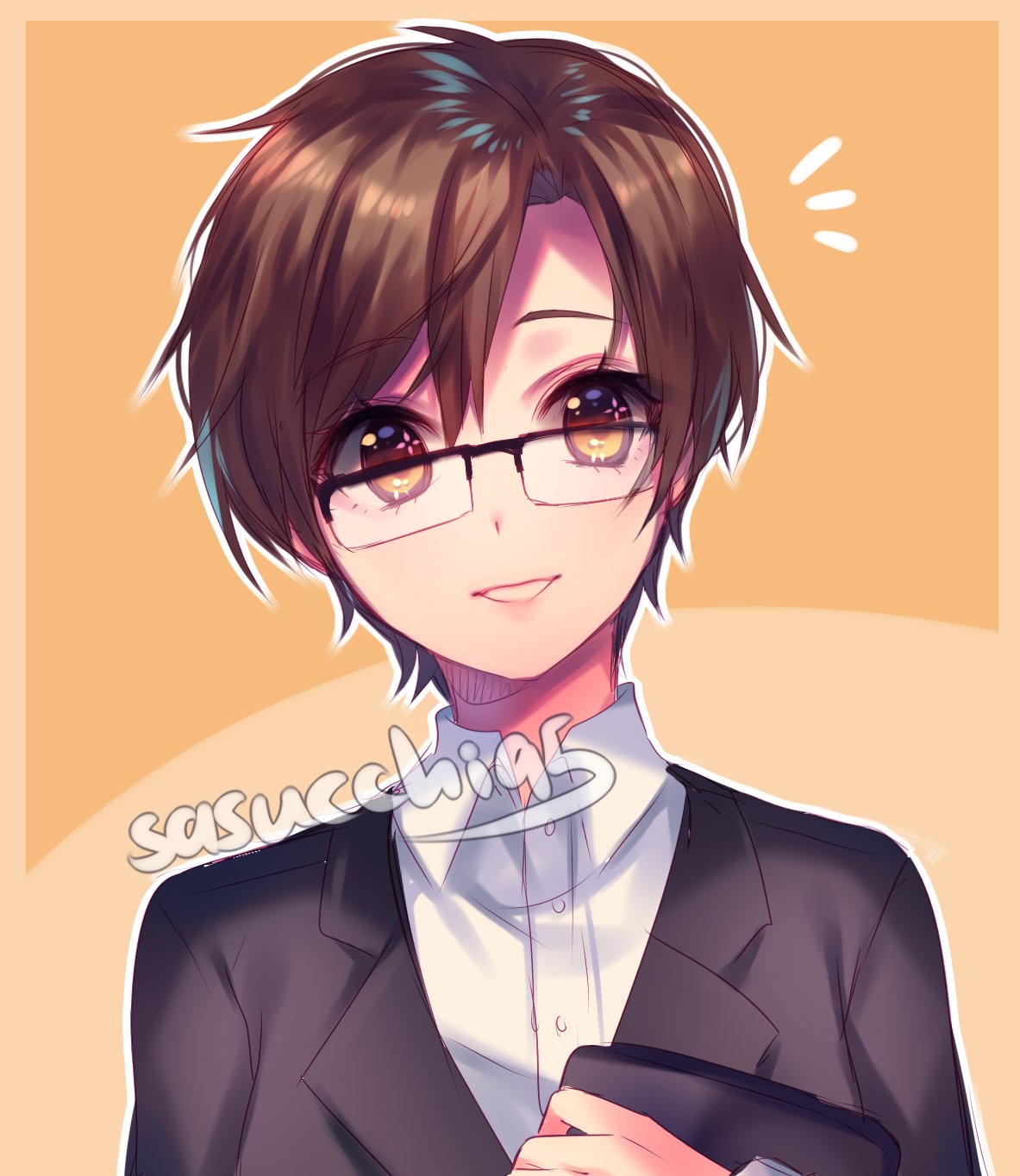 sasucchi95, original, highres, 1girl, :d, ahoge, artist name, black-framed eyewear, black jacket, border, brown hair, buttons, clipboard, collared shirt, crossdressing, crossdressing (ftm), curtained hair, glasses, grin, hair between eyes, hand up, holding, holding clipboard, jacket, lapels, long sleeves, looking at viewer, notice lines, open mouth, orange background, orange border, outline, outside border, portrait, rectangular eyewear, shirt, short hair, simple background, smile, solo, straight-on, tareme, very short hair, white outline, white shirt, yellow eyes